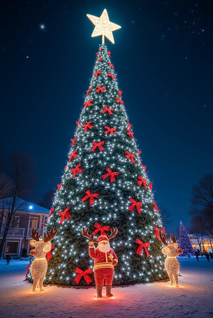 ( top quality, very detailed depiction, incredible high resolution ,), giant Christmas tree decorated for Christmas , Big Christmas Tree Like a Building , Gorgeous Illuminations ,Brilliant Light,Christmas Decorations , Big Star Ornament on the Top of the Christmas Tree,Night Sky,Gorgeous Starry Sky , Santa Claus,そりに乗った Santa Claus, reindeer, light up