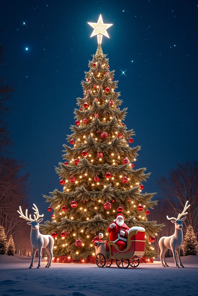 ( top quality, very detailed depiction, incredible high resolution ,), giant Christmas tree decorated for Christmas , Big Christmas Tree Like a Building , Gorgeous Illuminations ,Brilliant Light,Christmas Decorations , Big Star Ornament on the Top of the Christmas Tree,Night Sky,Gorgeous Starry Sky , Santa Claus,そりに乗った Santa Claus, reindeer, light up