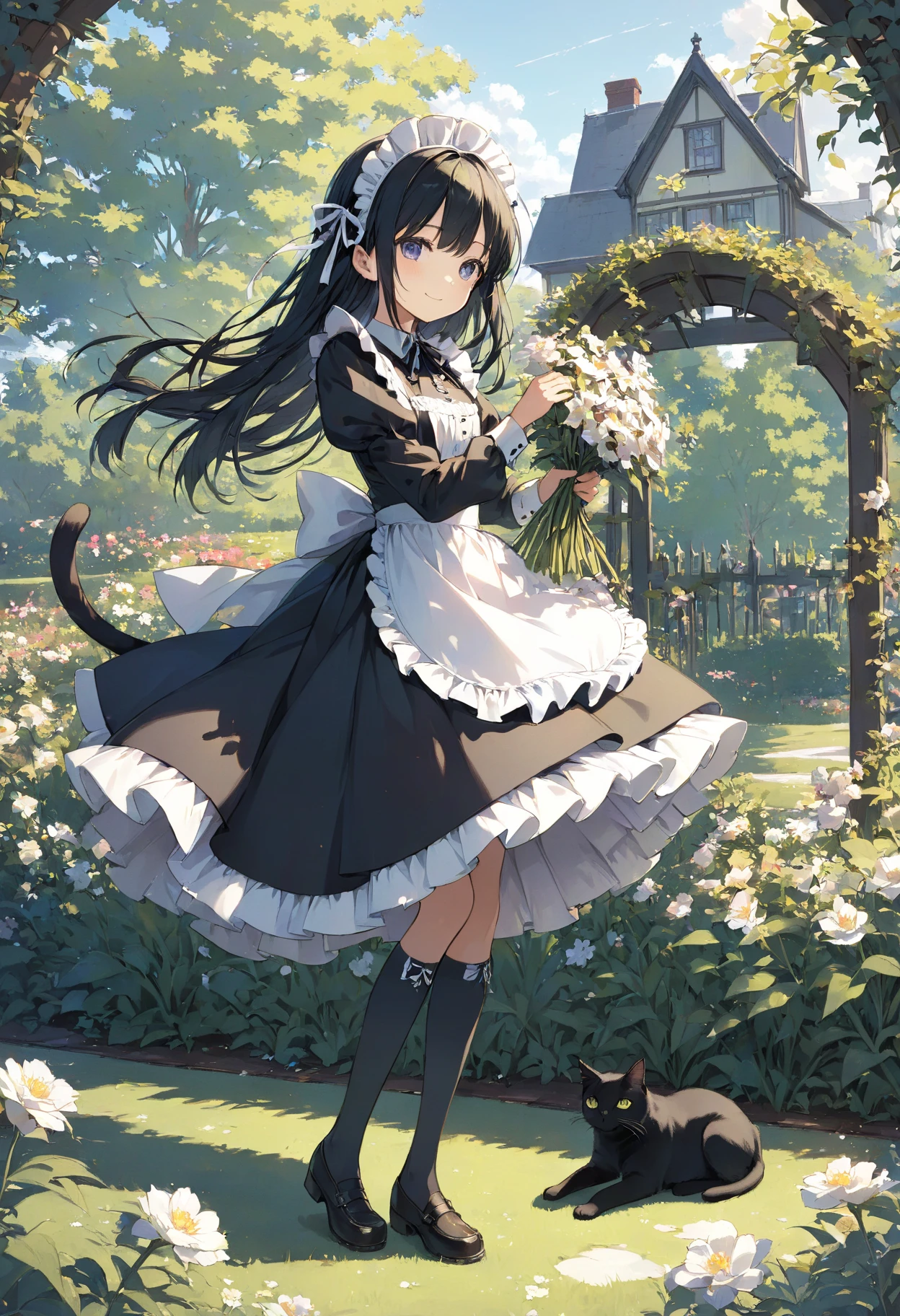 masterpiece, high quality, high resolution, 16k, illustration by Makoto Shinkai, exquisite background, petite girl, black hair, long hair, gothic lolita, maid outfit, fair skin, long eyelashes, beautiful eyes, over-kneehighs, black cat, full body, smiling, western garden, tending flowers, hair and skirt in wind fluttering in the wind