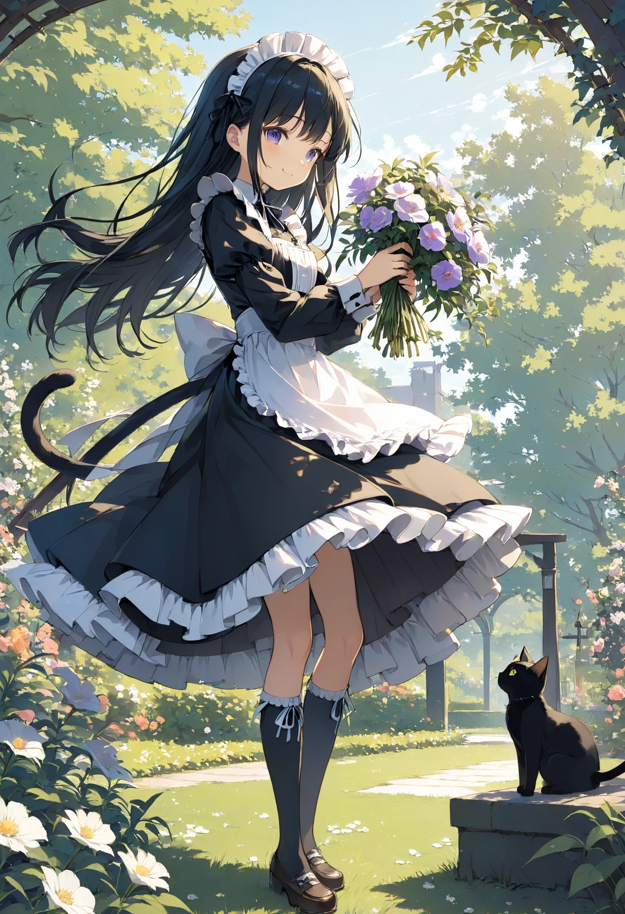 masterpiece, high quality, high resolution, 16k, illustration by Makoto Shinkai, exquisite background, petite girl, black hair, long hair, gothic lolita, maid outfit, fair skin, long eyelashes, beautiful eyes, over-kneehighs, black cat, full body, smiling, western garden, tending flowers, hair and skirt in wind fluttering in the wind