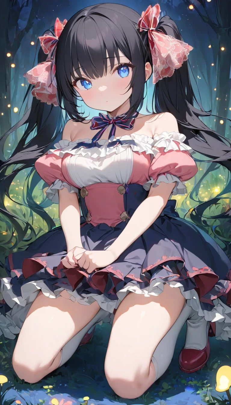 Anime girl、Wearing a pink off-the-shoulder puffy sleeve dress and knee-length white boots、Under the stars、 sitting in the woods beside orange mushrooms surrounded by fireflies。  ( slim、1 person,  cute young woman, , pose using medium bust ,  black hair、 Twin Tail Hair、Azure Eyes、 tie your hair with a large red lace ribbon),delicate beautiful eyes , has his legs open , high definition , masterpiece, pictures of girls , eyes are drawn in detail {x} cute and beautiful face down to the last detail、Beautiful Bangs, Bangs between the eyes, ( eyeliner , lipstick:0.9),open legs ,squatting, ,double v, from front,