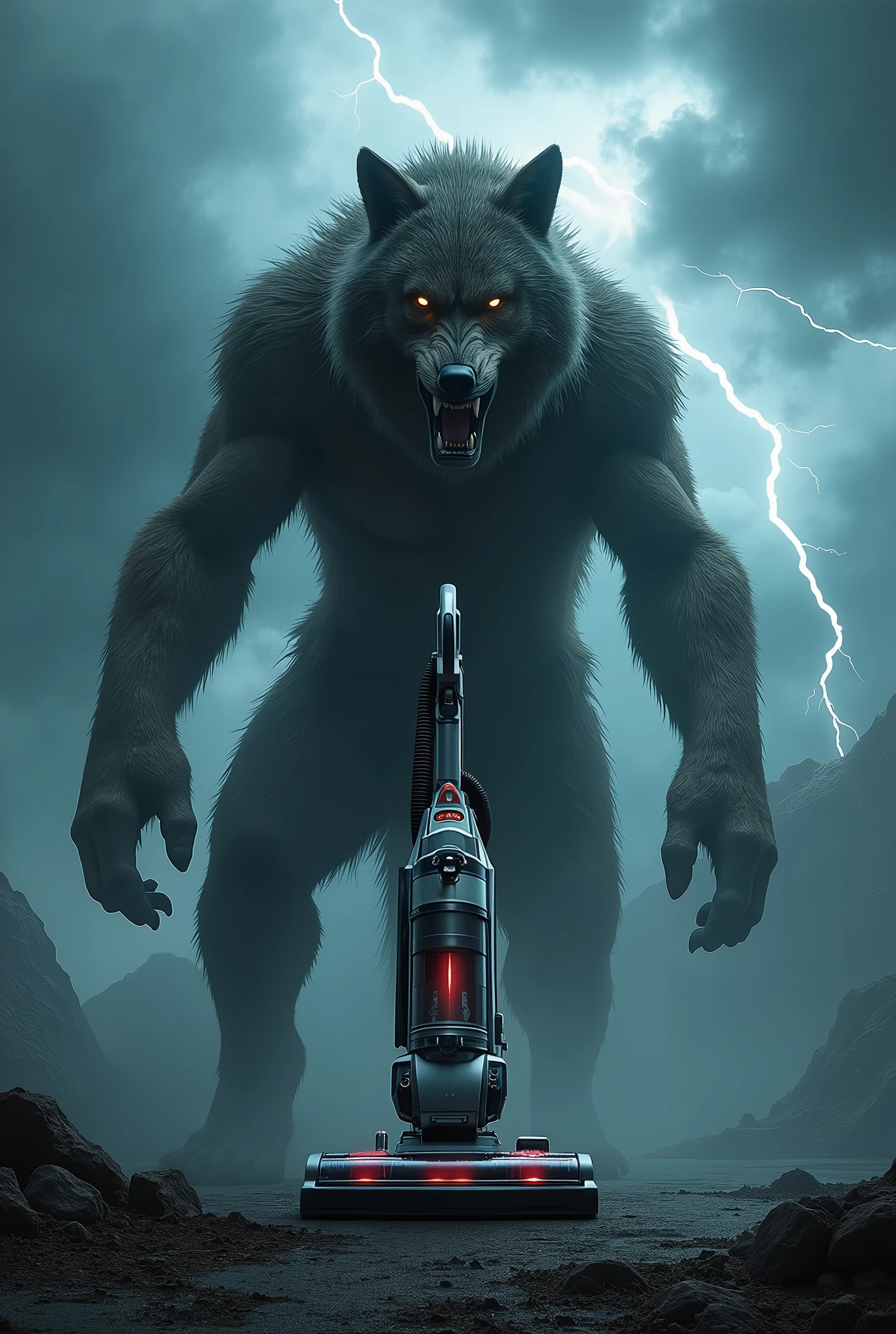 Impossible event, realistic, thunder as massive werewolf monster, detailed Vacuum cleaner, 