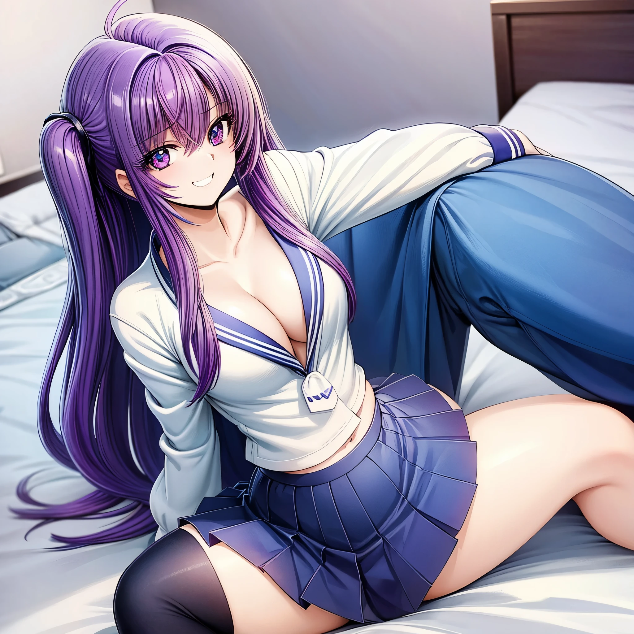 (1 girl), solo, breasts, underwear is visible through school uniform ,blue bra, black socks,solo, purple hair, skirt, long hair, blush, cleavage, blue skirt, pleated skirt, purple eyes, collarbone, blue eyes, beautiful and cute, high school girl, smiling, white teeth,(navel:0.7), zettai ryouiki, black thighhighs, (sitting on bed: 1.2), hotel,(from front, from above), dynamic angles, Dutch angle, Cowboy shot, leaning forward:1.2