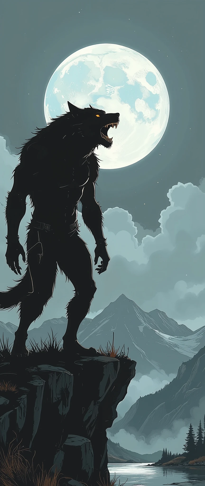 ( masterpiece:1.2 ), ( super detailed), 8k, 16k, wallpaper, (best illustrations),(Werewolf),(Black silhouette of a werewolf standing on a cliff and barking at the sky with the moon in the background:2.0),(Cool illustrations:2.0)
