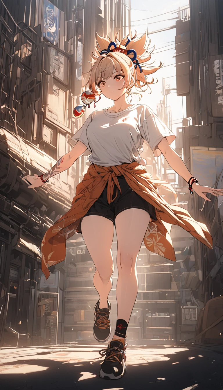 a woman wearing a flannel shirt tied around her waist, a t-shirt, and shorts, detailed face, beautiful detailed, golden hour lighting, vibrant colors, cinematic composition,  8k, best quality, masterpiece,  large breasts, , full body, anime cover, girl, solo, mature female,yoimiya, bangs, blonde hair, hair ornament, hair between eyes, ponytail, sidelocks, orange eyes, light brown hair,(negative_v2 Color_Balance_Calibration:0.8), unaestheticXL_cbp62 , negativeXL_D, whole body shot, full body, (negative_v2 Color_Balance_Calibration:0.8), unaestheticXL_cbp62 , negativeXL_D