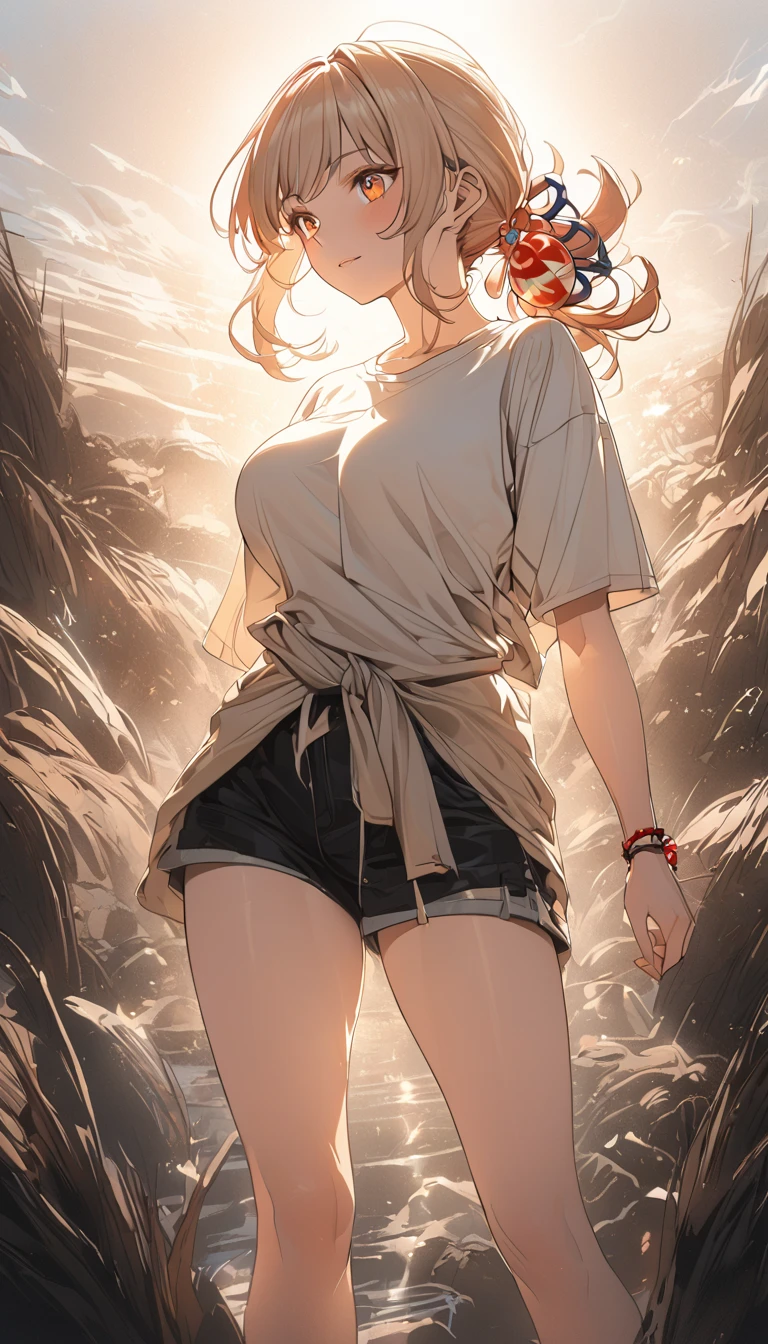 a woman wearing a flannel shirt tied around her waist, a t-shirt, and shorts, detailed face, beautiful detailed, golden hour lighting, vibrant colors, cinematic composition,  8k, best quality, masterpiece,  large breasts, , full body, anime cover, girl, solo, mature female,yoimiya, bangs, blonde hair, hair ornament, hair between eyes, ponytail, sidelocks, orange eyes, light brown hair,(negative_v2 Color_Balance_Calibration:0.8), unaestheticXL_cbp62 , negativeXL_D, whole body shot, full body, (negative_v2 Color_Balance_Calibration:0.8), unaestheticXL_cbp62 , negativeXL_D