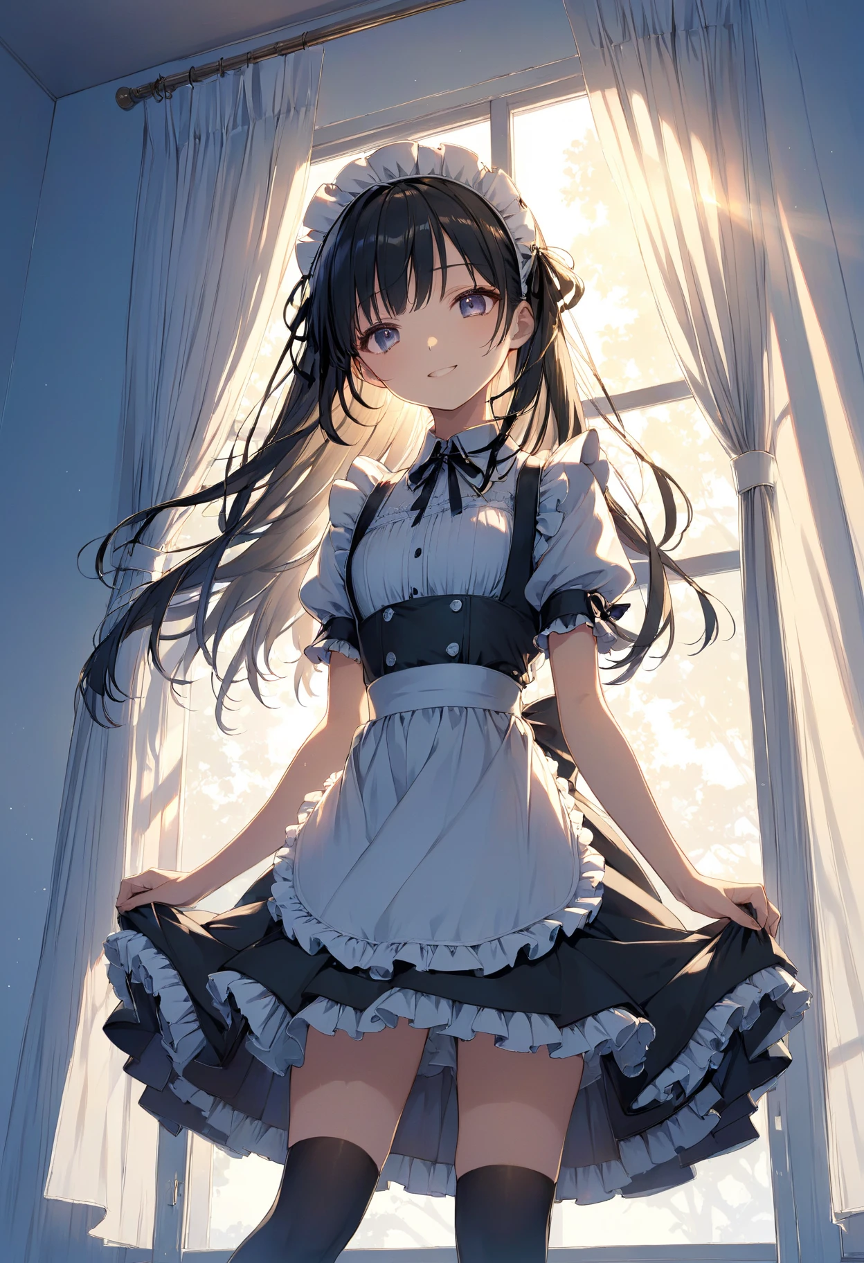 masterpiece, high quality, high resolution, 16k, Makoto Shinkai illustration, exquisite background, petite girl, dark hair, long hair, gothic lolita, maid outfit, fair skin, long eyelashes, beautiful eyes, over-kneehighs, full body, smiling, opening curtains, morning sun streaming in, hair shining through light, soft Light, Angle from below