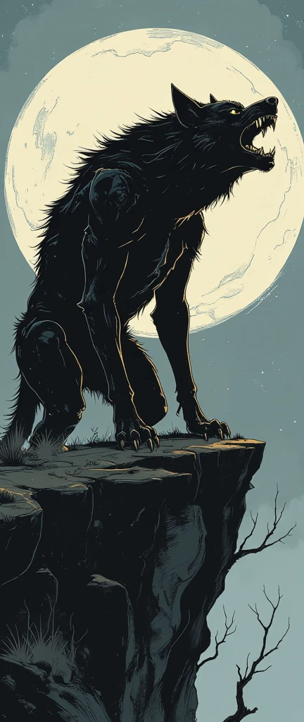 ( masterpiece:1.2 ), ( super detailed), 8k, 16k, wallpaper, (best illustrations),(Werewolf),(Black silhouette of a werewolf standing on a cliff and barking at the sky with the moon in the background:2.0),(Cool illustrations:2.0)
