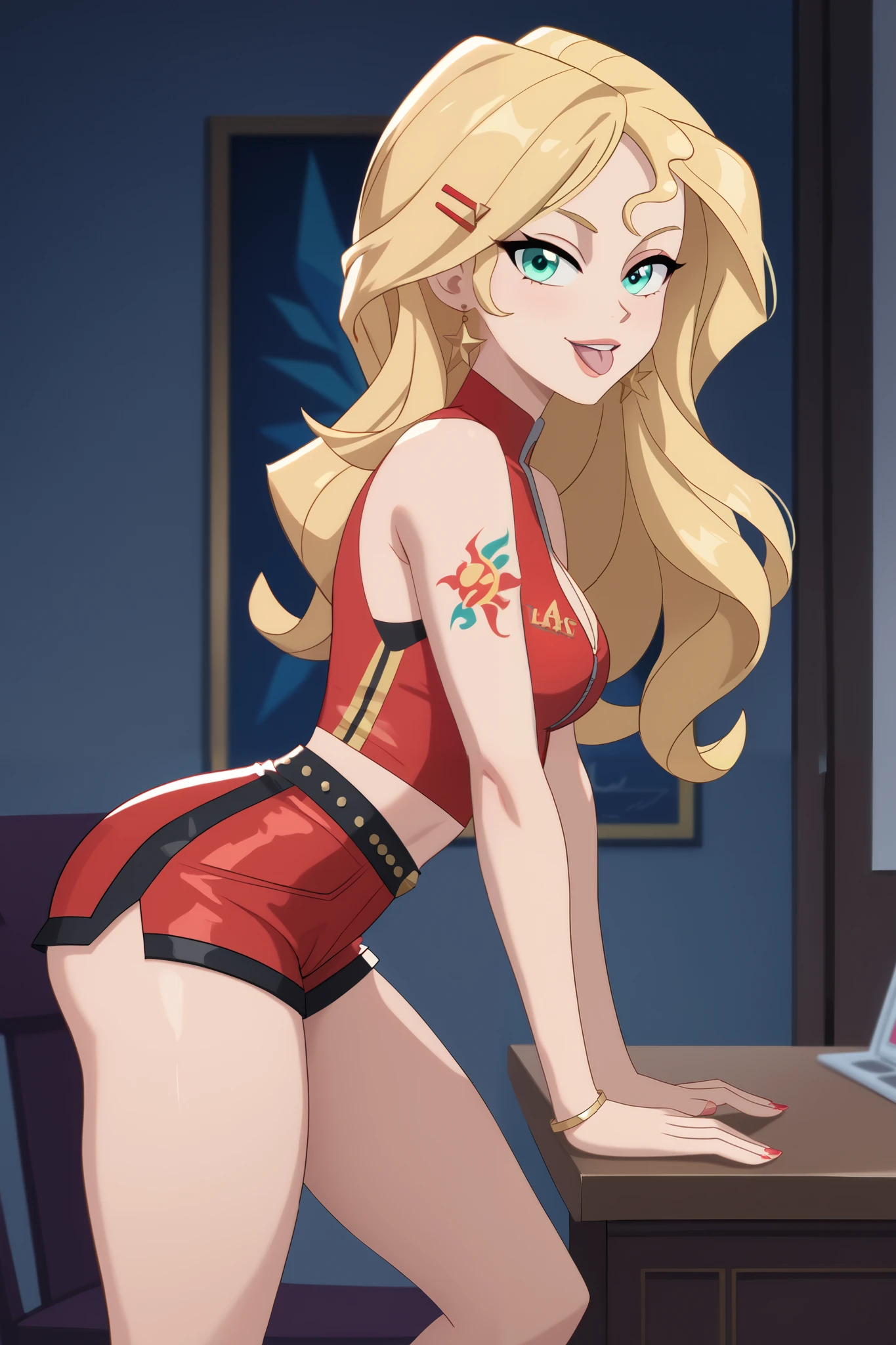 young girl, longue blonde hair, Hairpin with a bundle,  turquoise eyes, Yakuza tattoos, red tight uniform, Sleeveless, Wide neckline on the chest to the abdomen, Gold Elements, Red outfit, Shorts, Masterpiece, hiquality, 4k, HD, Good details, side view, side overview, Long Hair, 