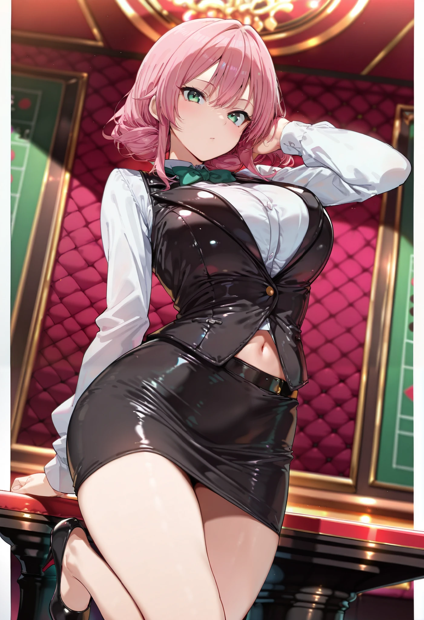 (best quality,4k,8k,highres,masterpiece:1.3),(solo),(1girl),beautiful detailed green eyes,tsurime eyes,extremely detailed face,very short pink hair,detailed skin,large breasts,navel,white shirt,black leather vest,black bow tie,black leather mini skirt,pencil skirt,shallow slit,black high heels,casino