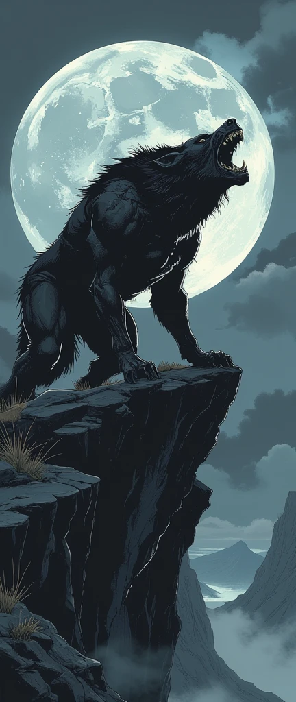 ( masterpiece:1.2 ), ( super detailed), 8k, 16k, wallpaper, (best illustrations),(Werewolf),(Black silhouette of a werewolf standing on a cliff and barking at the sky with the moon in the background:2.0),(Cool illustrations:2.0)
