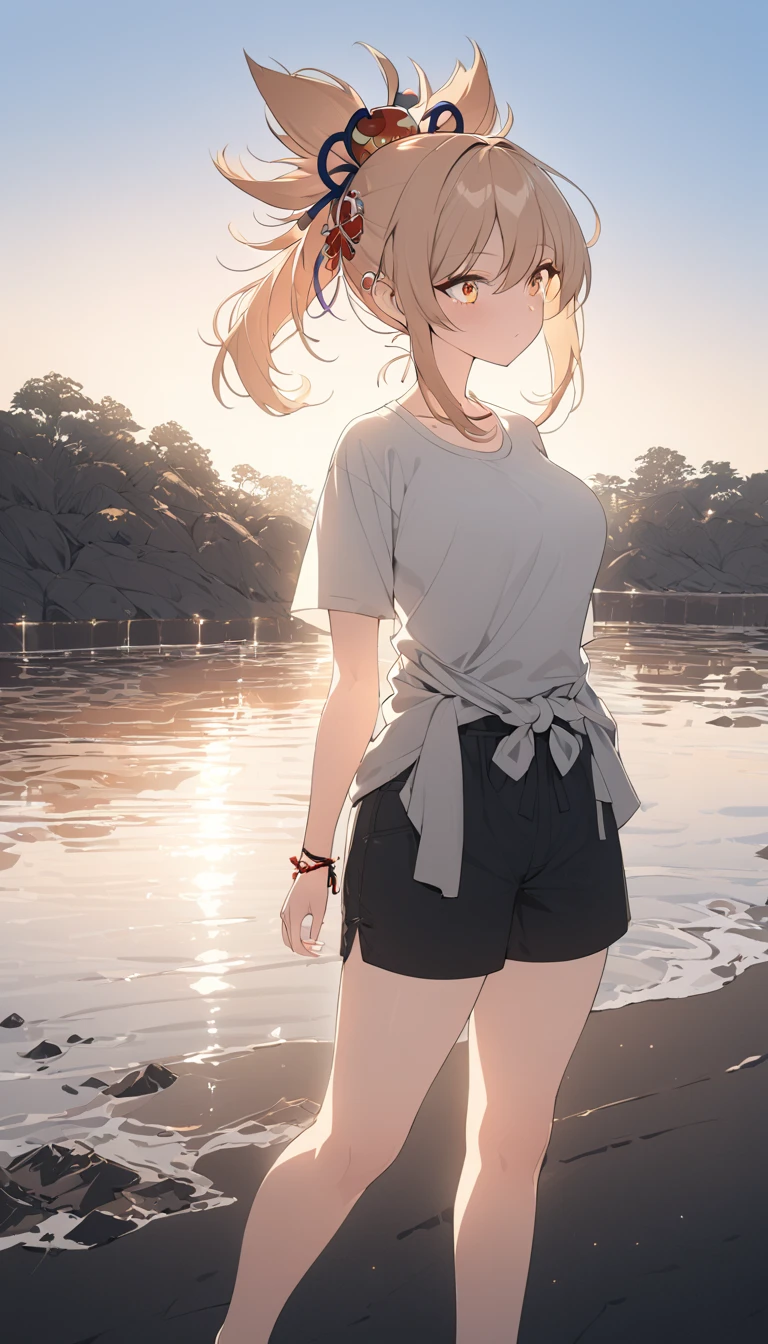 a woman wearing a flannel shirt tied around her waist, a t-shirt, and shorts, detailed face, beautiful detailed, golden hour lighting, vibrant colors, cinematic composition, 8k, best quality, masterpiece, large breasts, , full body, anime cover, girl, solo, mature female,yoimiya, bangs, blonde hair, hair ornament, hair between eyes, ponytail, sidelocks, orange eyes, light brown hair,(negative_v2 Color_Balance_Calibration:0.8), unaestheticXL_cbp62 , negativeXL_D, whole body shot, full body, (negative_v2 Color_Balance_Calibration:0.8), unaestheticXL_cbp62 , negativeXL_D
