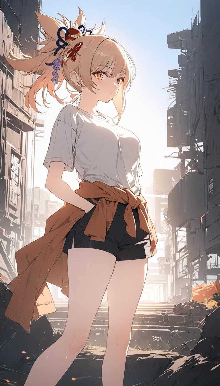 a woman wearing a flannel shirt tied around her waist, a t-shirt, and shorts, detailed face, beautiful detailed, golden hour lighting, vibrant colors, cinematic composition, 8k, best quality, masterpiece, large breasts, , full body, anime cover, girl, solo, mature female,yoimiya, bangs, blonde hair, hair ornament, hair between eyes, ponytail, sidelocks, orange eyes, light brown hair,(negative_v2 Color_Balance_Calibration:0.8), unaestheticXL_cbp62 , negativeXL_D, whole body shot, full body, (negative_v2 Color_Balance_Calibration:0.8), unaestheticXL_cbp62 , negativeXL_D
