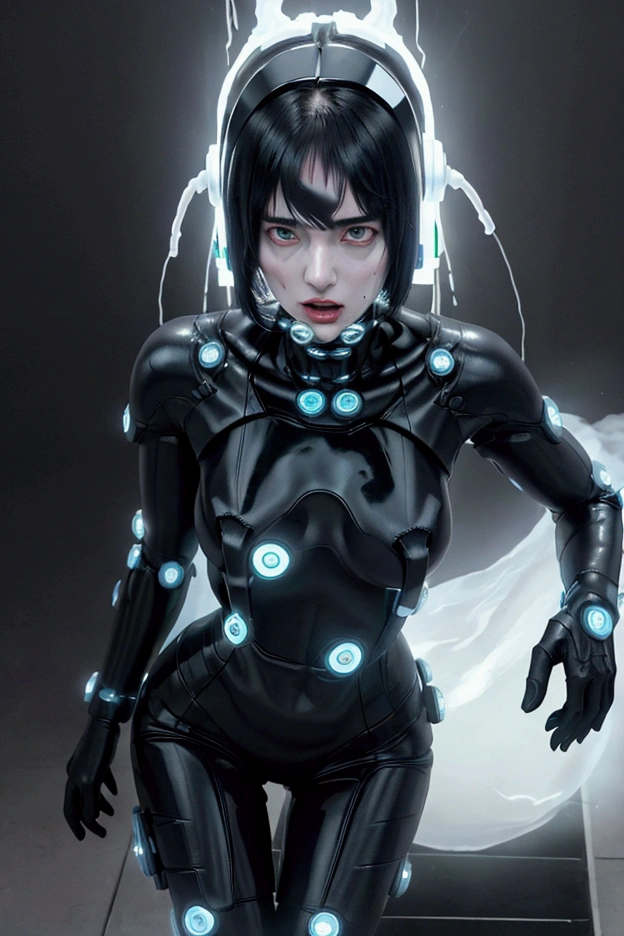 An android woman standing with her legs open, a machine body, a brainwashing device on her head, white eyes, and a member of Ghost in the Shell. Open your mouth and stick out your tongue, runny nose, drool and tears, Teenage girls, Gantz Suit, Background Machine 