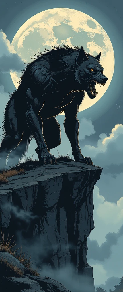 ( masterpiece:1.2 ), ( super detailed), 8k, 16k, wallpaper, (best illustrations),(Werewolf),(Black silhouette of a werewolf standing on a cliff and barking at the sky with the moon in the background:2.0),(Cool illustrations:2.0)
