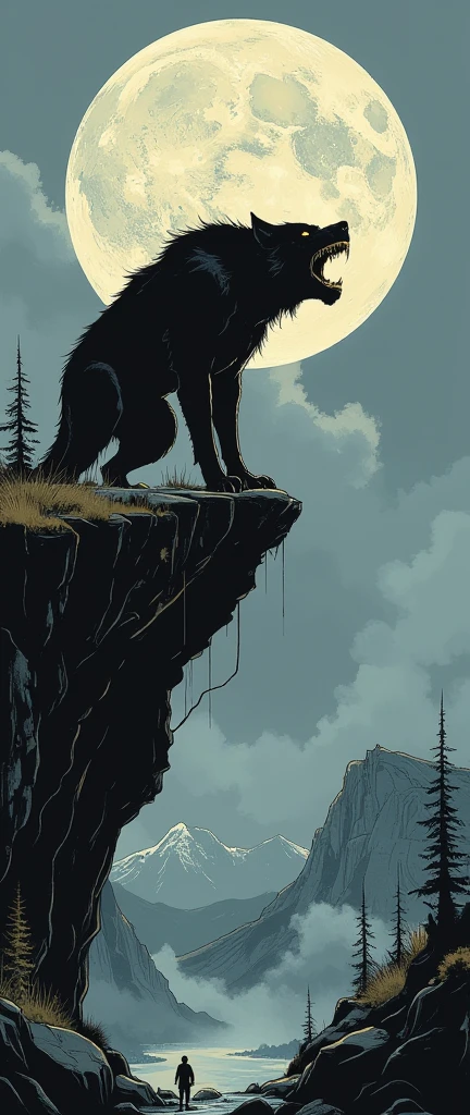 ( masterpiece:1.2 ), ( super detailed), 8k, 16k, wallpaper, (best illustrations),(Werewolf),(Black silhouette of a werewolf standing on a cliff and barking at the sky with the moon in the background:2.0),(Cool illustrations:2.0)
