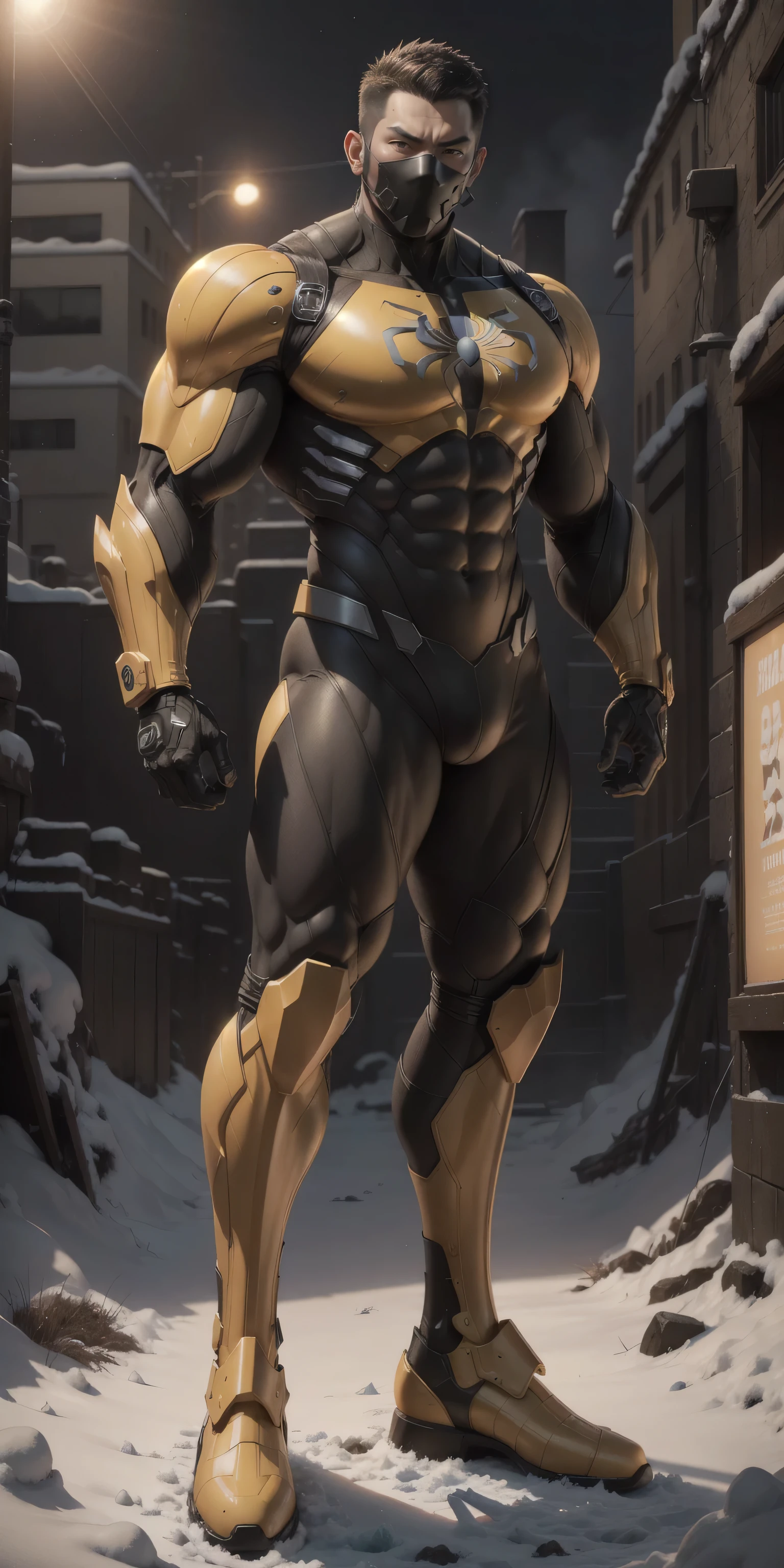 Man in yellow and black clothes standing on the sunny beach, muscular man, American round inch, Buzz cut, muscular! Wearing black sunglasses, round head Buzz cut, stealth suit, symmetrical pattern texture design, best image quality and resolution, character design police, black military boots, attractive strong male and armor, weaving sunlight shining through the clouds