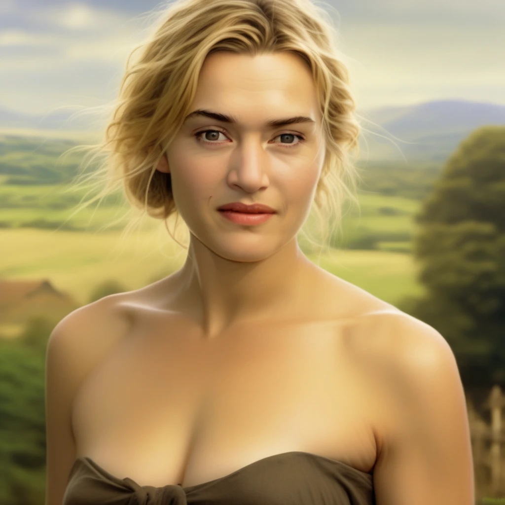  15 yr old KateWinslet,masterpiece,beautiful,extremely detailed,(ultra high res),(8k UHD best quality), (realistic, photo-realistic:1.37), full body, topless, bare  breasts, depth_of,field, blurry_background, photo_inset,Dramatic lighting,reference_inset,photo_background,brown_eyes,photorealistic,looking_at_viewer,1girl,shiny skin,detailed skin,(((topless , bare breasts)))