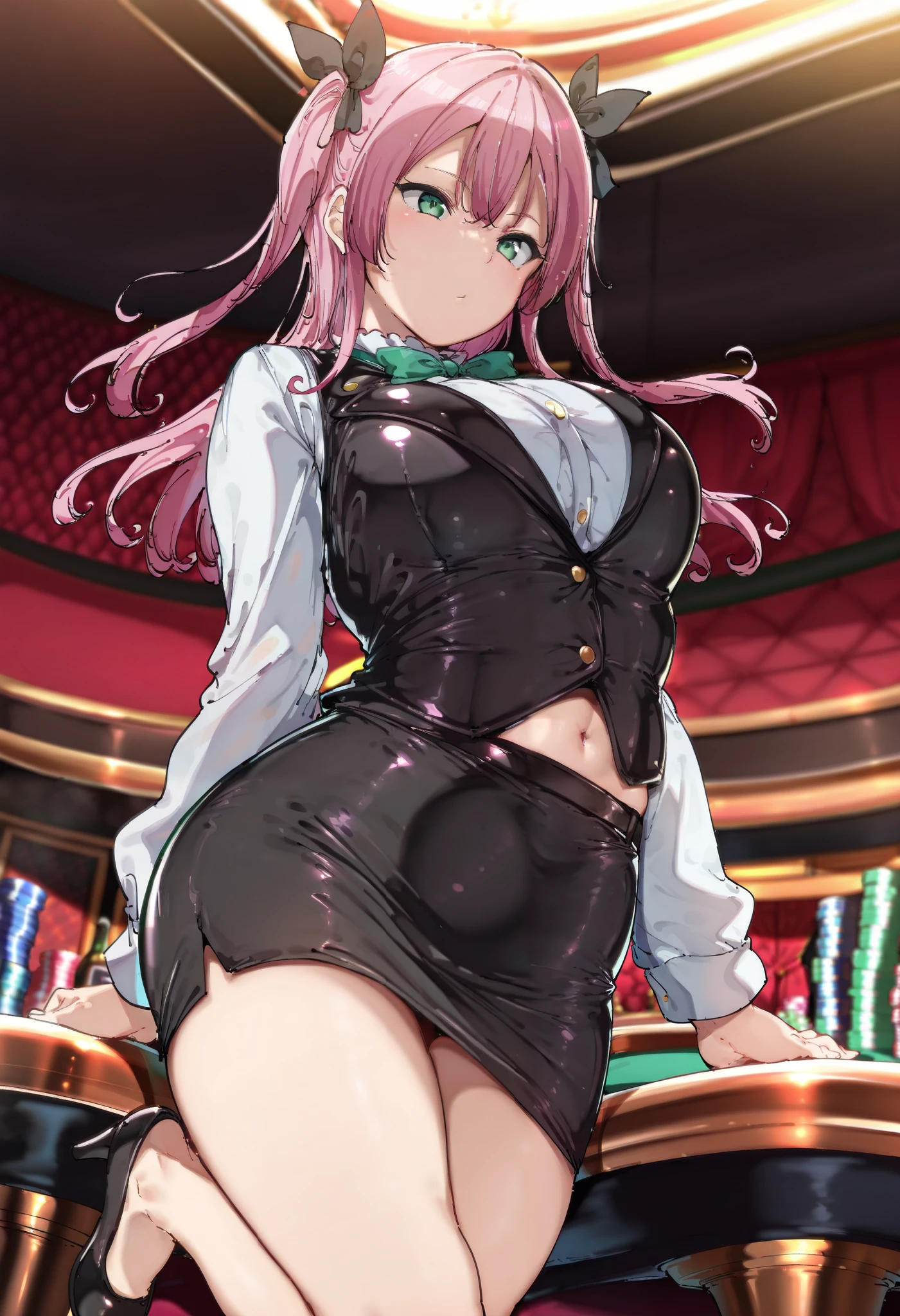 (best quality,4k,8k,highres,masterpiece:1.3),(solo),(1girl),beautiful detailed green eyes,tsurime eyes,extremely detailed face,very short pink hair,detailed skin,large breasts,navel,white shirt,black leather vest,black bow tie,black leather mini skirt,pencil skirt,shallow slit,black high heels,casino,alp