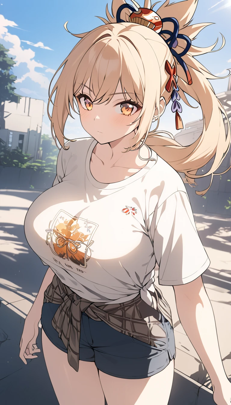 a woman wearing a flannel shirt tied around her waist, a t-shirt, and shorts, detailed face, beautiful detailed, golden hour lighting, vibrant colors, cinematic composition, 8k, best quality, masterpiece, large breasts, , full body, anime cover, girl, solo, mature female,yoimiya, bangs, blonde hair, hair ornament, hair between eyes, ponytail, sidelocks, orange eyes, light brown hair,(negative_v2 Color_Balance_Calibration:0.8), unaestheticXL_cbp62 , negativeXL_D, whole body shot, full body, (negative_v2 Color_Balance_Calibration:0.8), unaestheticXL_cbp62 , negativeXL_D
