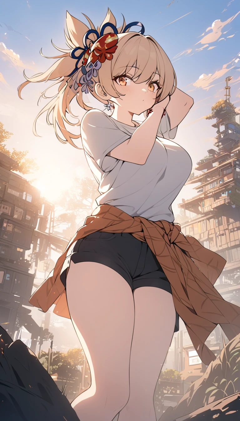 a woman wearing a flannel shirt tied around her waist, a t-shirt, and shorts, detailed face, beautiful detailed, golden hour lighting, vibrant colors, cinematic composition, 8k, best quality, masterpiece, large breasts, , full body, anime cover, girl, solo, mature female,yoimiya, bangs, blonde hair, hair ornament, hair between eyes, ponytail, sidelocks, orange eyes, light brown hair,(negative_v2 Color_Balance_Calibration:0.8), unaestheticXL_cbp62 , negativeXL_D, whole body shot, full body, (negative_v2 Color_Balance_Calibration:0.8), unaestheticXL_cbp62 , negativeXL_D
