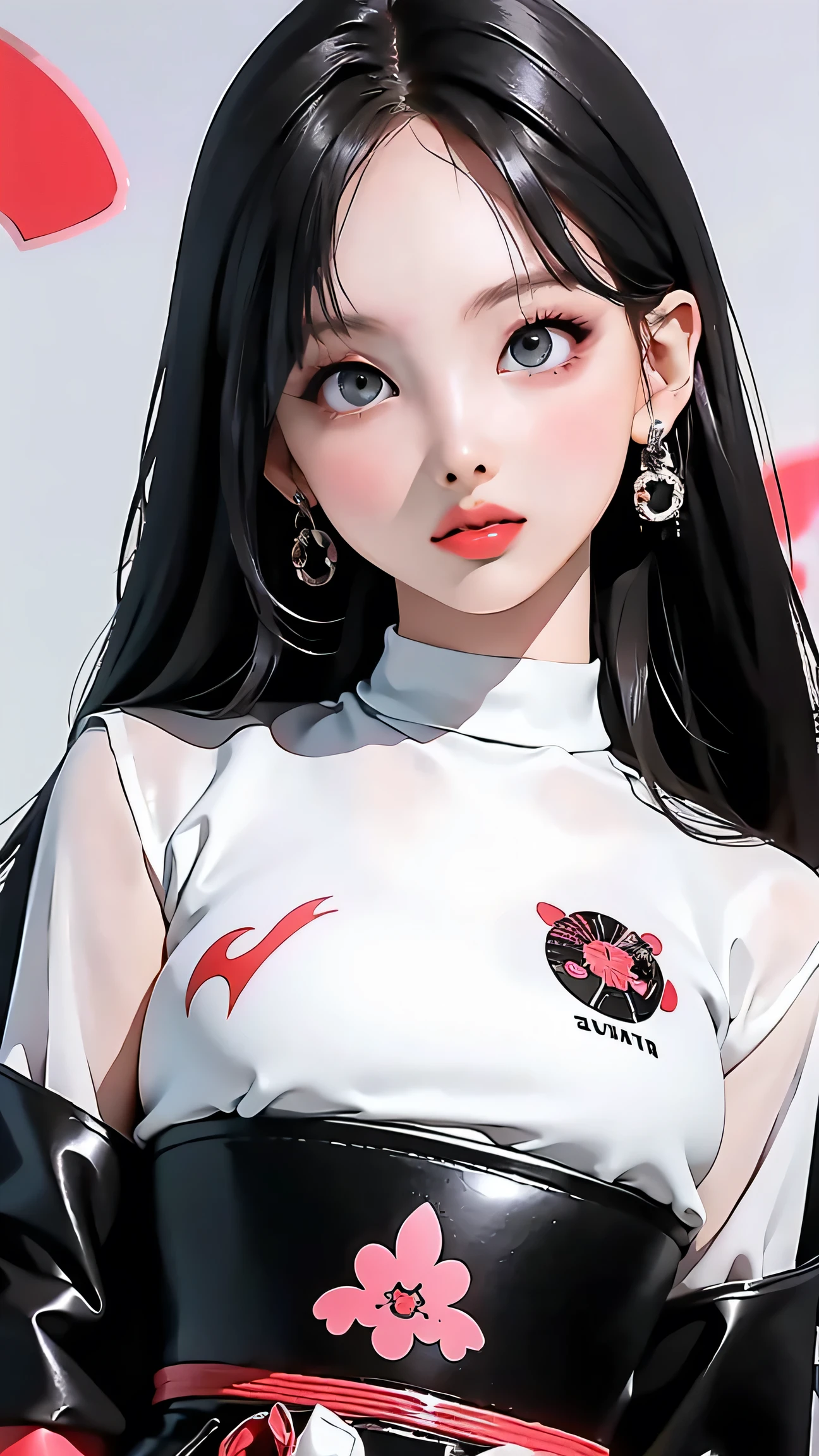 Generates a manhwa-style image of a ****** asian girl with white, smooth skin, a few strands of black wavy hair, the serious look and the intense seductive eyes, torn and small, petite, Lewd, (porcelain doll), horny, flat chest, sexual gaze, edgy graphic design, sexy pose, seducing camera, leaning in, straight on, fuck me, big black eyes, ulzzang, portrait, (anime), manga, (3D), sexy, Latex, 8k,Highest quality,masterpiece, Sharp focus,