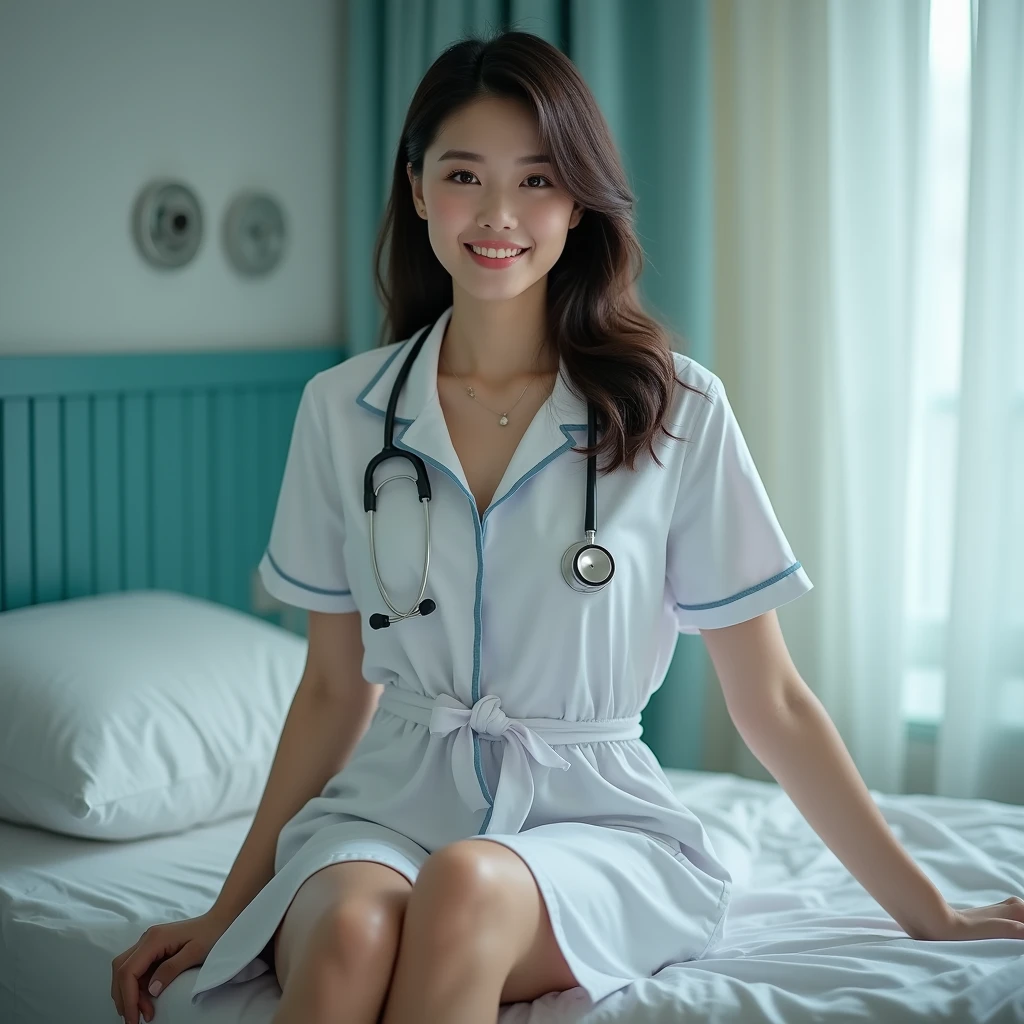 1girls, bestquality, hospital,Patient Bed,Realistic, real light, large boobs、tremendously big.,beste-Qualit, ultra-high resolution, (photorealistic portrait:1.4),master-piece, hospital, Whole body,Female Doctor,doctor,Female Doctor,white outfit,viewer look.,Stretch your legs.,Leg separation,Show your underwear