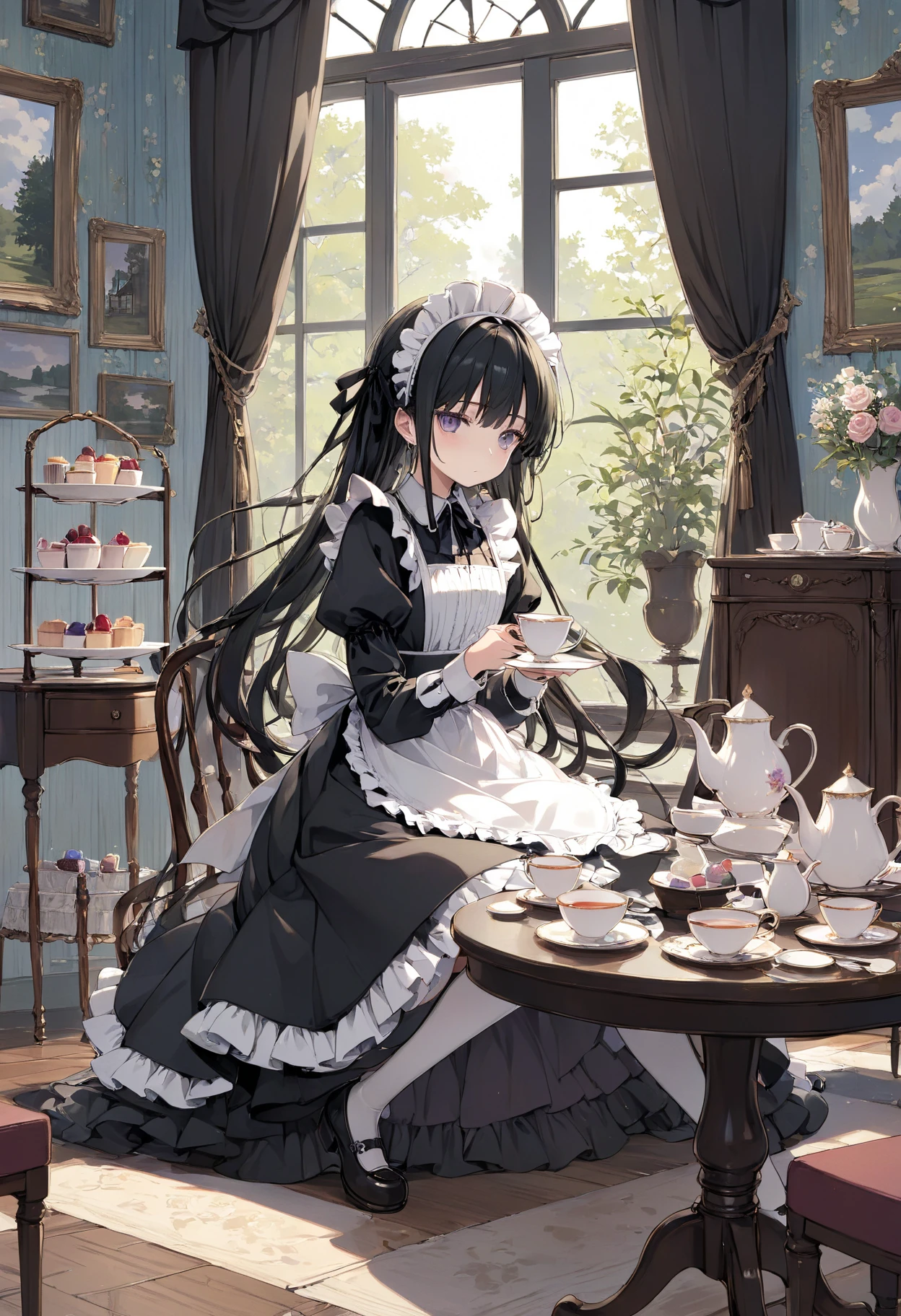 Masterpiece, high quality, high resolution, 16K, Makoto Shinkai illustration, exquisite background, petite girl, black hair, long hair, gothic lolita, maid outfit, fair skin, long eyelashes, beautiful eyes, over knee high, full body, soft expression, preparing for tea party, classic beautiful western room, beautiful table with tea set and sweets.