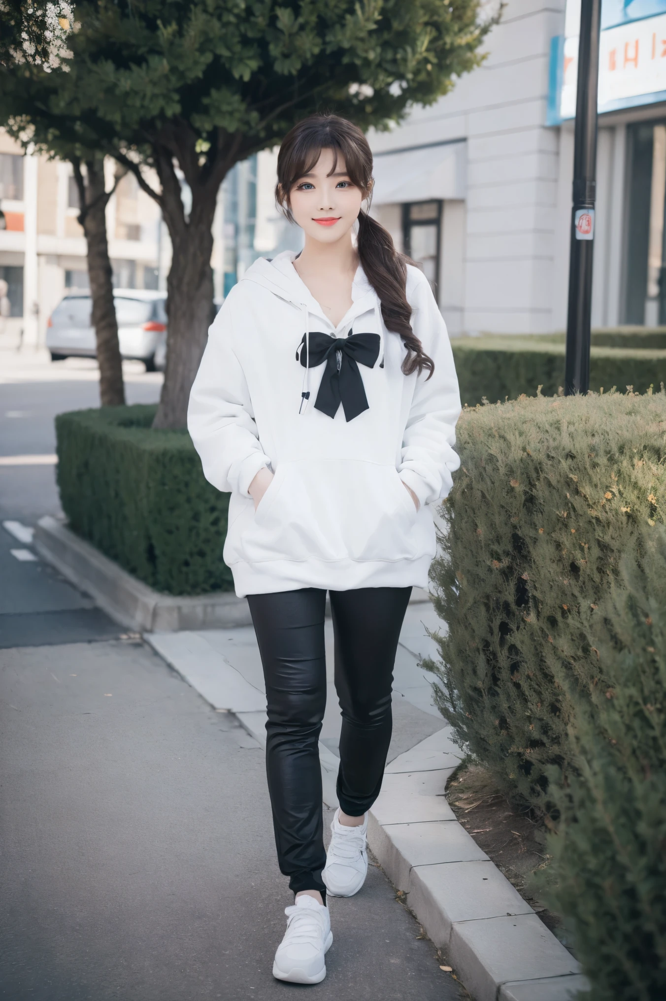 （walk，furry clothes ）Cute girl，（（（Smile， Winning Entries ）））（masterpiece：1.3）18 years old（reality：1.39），Regular facial features， big eyes，Delicate face， full body in the picture ，Street Photography，Bow，8k quality， full body in the picture ，（Warm pants are skin permeable：1.3）， 165 cm ，walk， wearing sneakers ， fits normal human legs and fingers，（ without makeup ：1.6） rich skin texture，Young skin , Delicate Face ，
