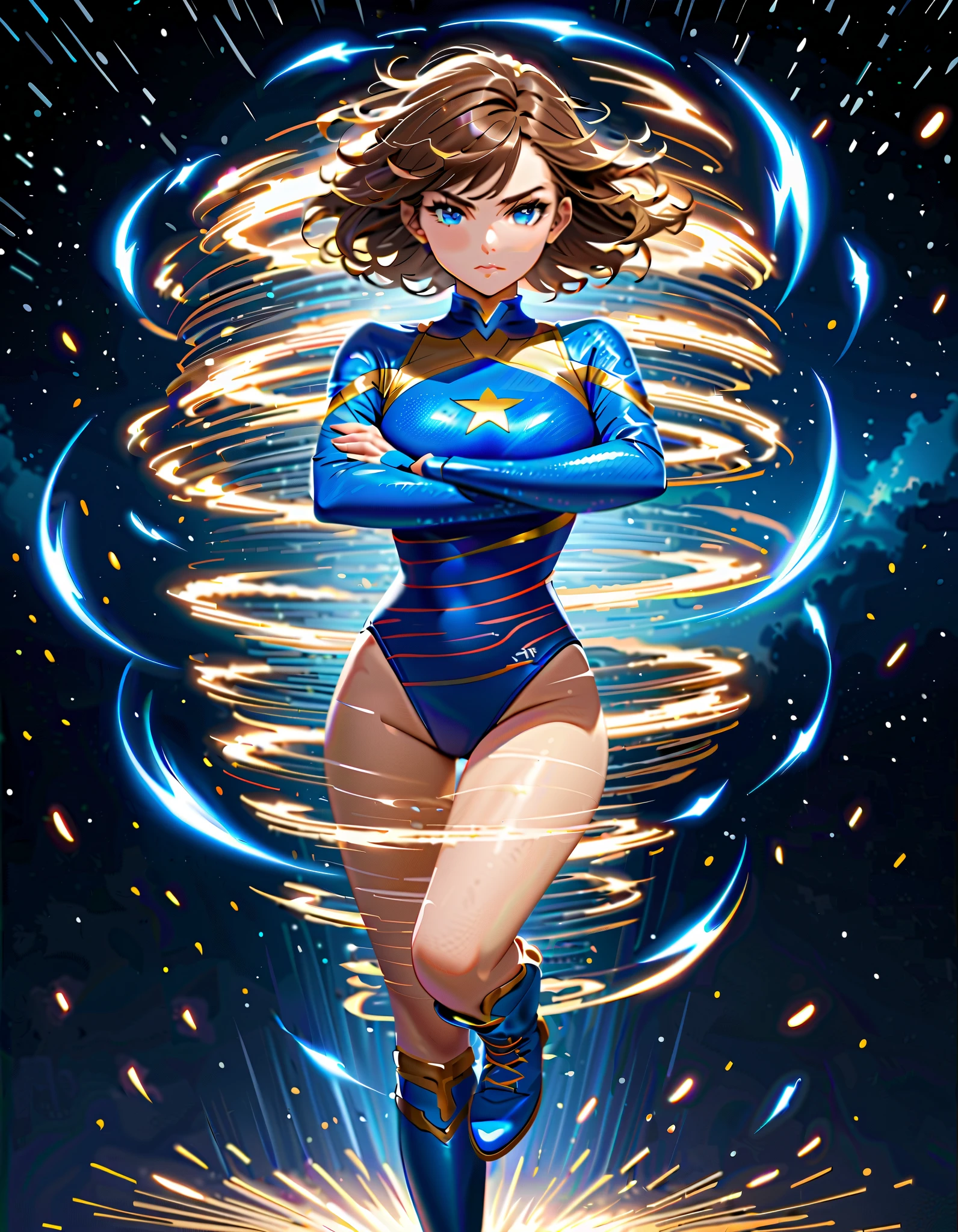 Masterpiece, Best Quality, High Resolution, highly detailed, professional, 8k, 1girl, superhero, blue choker, blue eyes, blue footwear, blue gloves, matching boots, (blue leotard, competition swimsuit, gold star symbol on her chest:1.2, elastic sleeves, bare legs), medium breasts, brown hair, knee boots, short hair, bob hair, solo, determined, serious, full body, college-age female, cowboy shot, full body costume design. space backdrop. Full-body costume design. (fast spin, dynamic whirl pose, spins fast in place like a tornado, whirls fast in place like a tornado, tornado whirling, spiral lines around her, speed lines around her, spinning energy pulse around her, storm winds around her, whirls into a tornado, (she whirls) at (super speeds)). full body costume design. curved sword slash. she super-spins, whirlwind, light particles. (crossed arms). time travel.