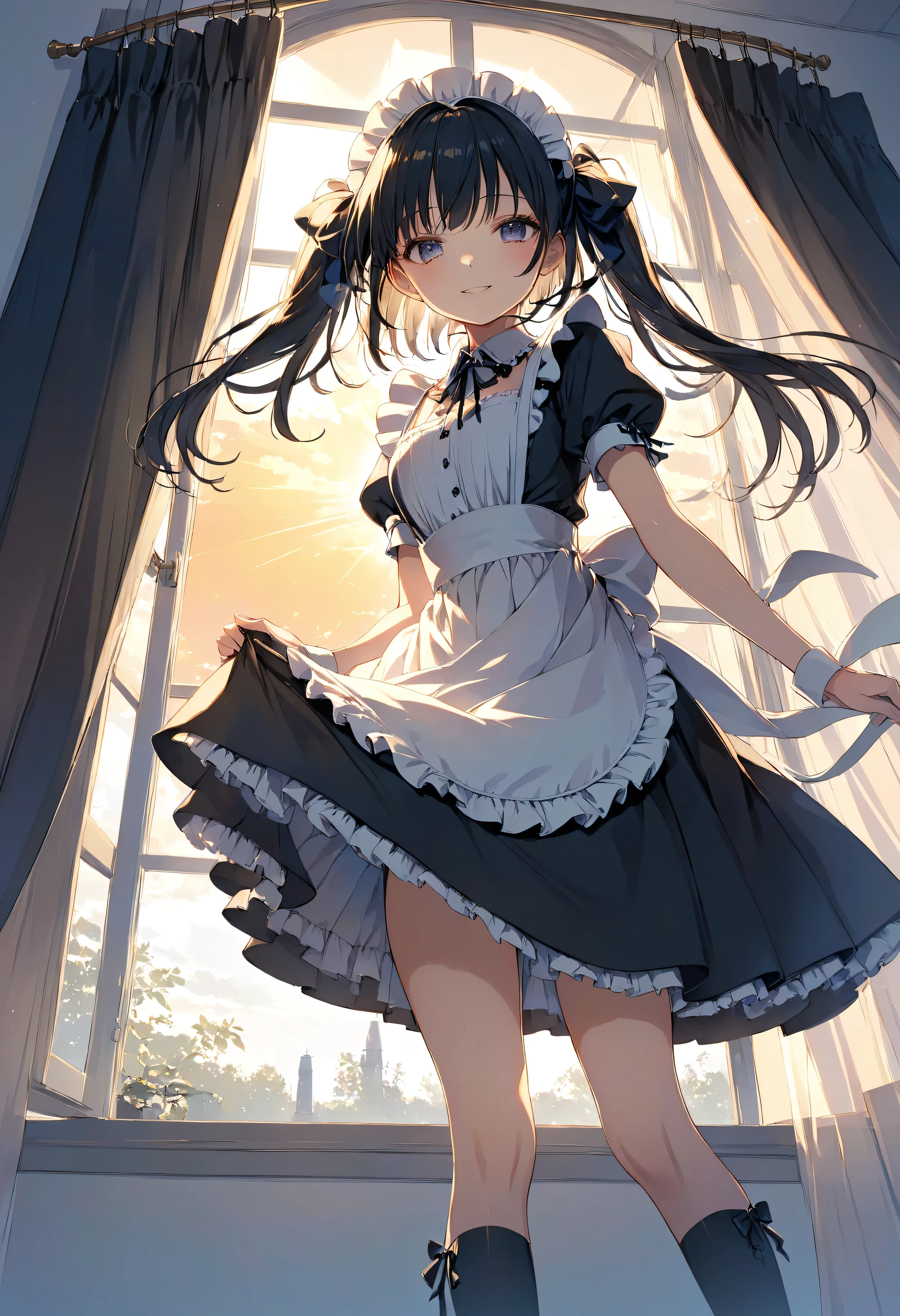 masterpiece, high quality, high resolution, 16k, Makoto Shinkai illustration, exquisite background, petite girl, dark hair, long hair, gothic lolita, maid outfit, fair skin, long eyelashes, beautiful eyes, over-kneehighs, full body, smiling, opening curtains, morning sun streaming in, hair shining through light, soft Light, Angle from below