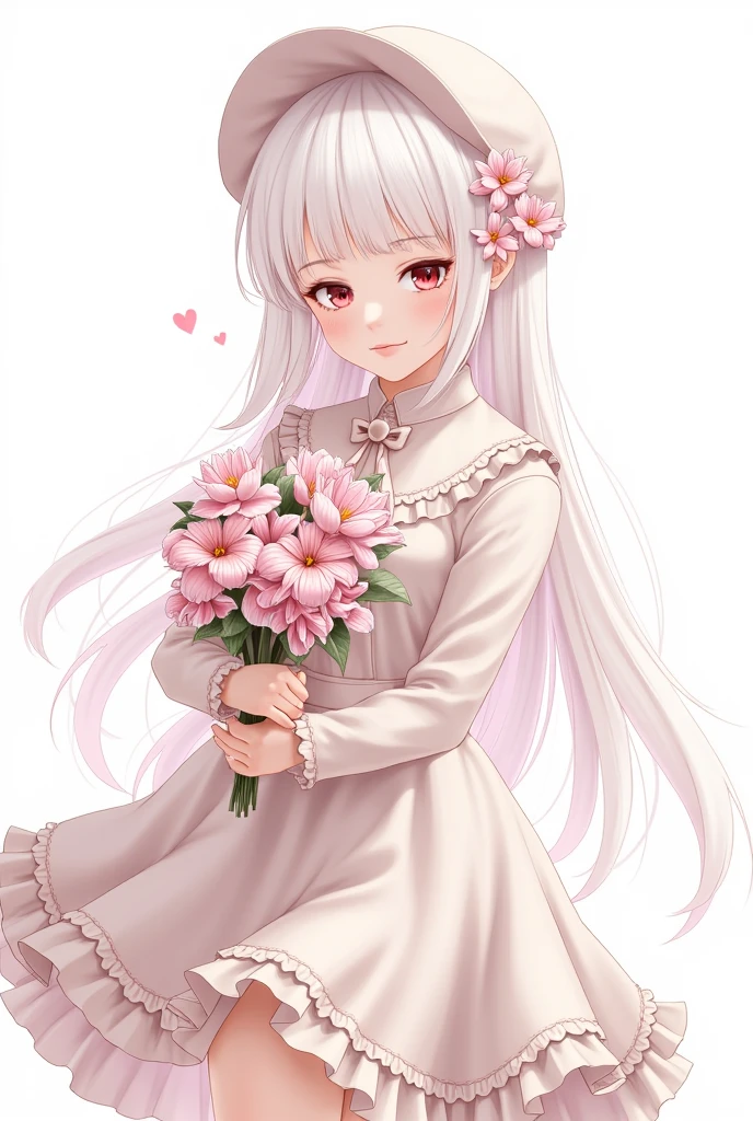 masterpiece, best quality, 1girl, solo, long_hair, looking_at_viewer, white hair, red eyes, smile, bangs, skirt, shirt, long_sleeves, hat, dress, bow, holding, closed_mouth, flower, frills, hair_flower, petals, bouquet, holding_flower, center_frills, bonnet, holding_bouquet, tachi-e, full body, white background,  j3nnaort3ga