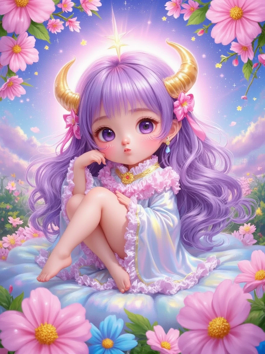 chibi divine being, essence of the purple sweet potato, baby-face celestial features, fluffy magical aura, mini celestial robes with puffy details and floating ribbons, kawaii heavenly realm with a garden of sweet potatoes, sparkly divine light, pastel colors, sparkles effect, heart-shaped details, rosy cheeks, artistic rendering, vivid colors, rich details, natural look, amazing quality, commercial photography