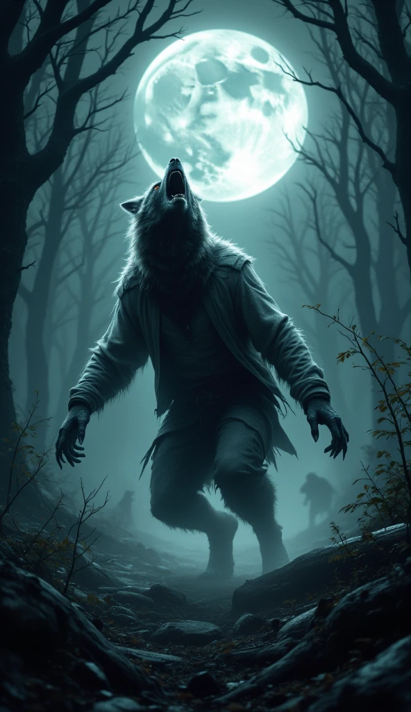 Beneath a full moon glowing ominously in the ink-black sky, the werewolf emerges from the shadows, a haunting figure that straddles the line between beast and man. His sinewy frame ripples with power, fur gleaming under the moonlight like silver threads woven into his dark coat. The eerie stillness of the forest is shattered by the crunch of leaves under his clawed feet and the low, guttural growl that escapes his lips, a warning to any who dare approach.  

His eyes burn with an otherworldly light, glowing amber like embers in a dying fire, scanning the dense woods for prey—or perhaps redemption. The tattered remains of a shirt cling to his broad shoulders, a stark reminder of the man he once was, now consumed by the curse of the wolf.  

The werewolf moves with both ferocity and grace, leaping effortlessly over fallen logs and navigating the twisting roots with a hunter’s precision. As he tilts his head back, releasing a mournful howl that echoes through the night, the forest seems to hold its breath, every creature bowing to the primal energy radiating from him. In this moment, he is both a monster and a marvel, a tragic figure caught in the throes of a transformation as beautiful as it is terrifying.