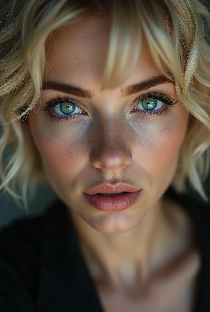 Extreme close-up shot portrait of a short blonde-haired beautiful woman ...