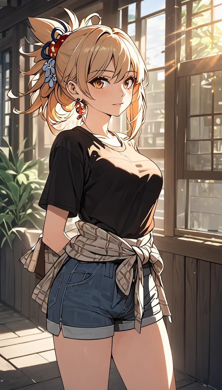 a woman wearing a flannel shirt tied around her waist, a t-shirt, and shorts, detailed face, beautiful detailed, golden hour lighting, vibrant colors, cinematic composition, 8k, best quality, masterpiece, large breasts, , full body, anime cover, girl, solo, mature female,yoimiya, bangs, blonde hair, hair ornament, hair between eyes, ponytail, sidelocks, orange eyes, light brown hair,(negative_v2 Color_Balance_Calibration:0.8), unaestheticXL_cbp62 , negativeXL_D, whole body shot, full body, (negative_v2 Color_Balance_Calibration:0.8), unaestheticXL_cbp62 , negativeXL_D
