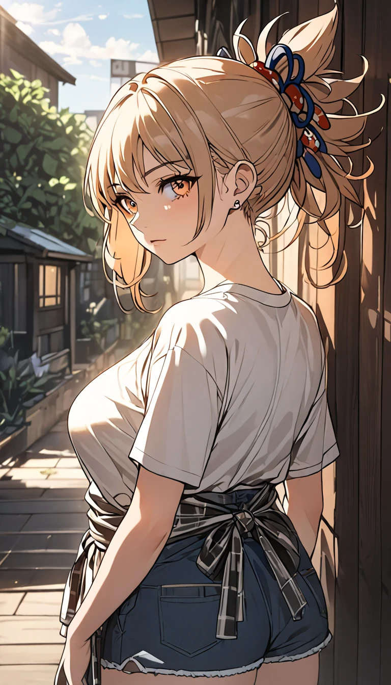 a woman wearing a flannel shirt tied around her waist, a t-shirt, and shorts, detailed face, beautiful detailed, golden hour lighting, vibrant colors, cinematic composition, 8k, best quality, masterpiece, large breasts, , full body, anime cover, girl, solo, mature female,yoimiya, bangs, blonde hair, hair ornament, hair between eyes, ponytail, sidelocks, orange eyes, light brown hair,(negative_v2 Color_Balance_Calibration:0.8), unaestheticXL_cbp62 , negativeXL_D, whole body shot, full body, (negative_v2 Color_Balance_Calibration:0.8), unaestheticXL_cbp62 , negativeXL_D
