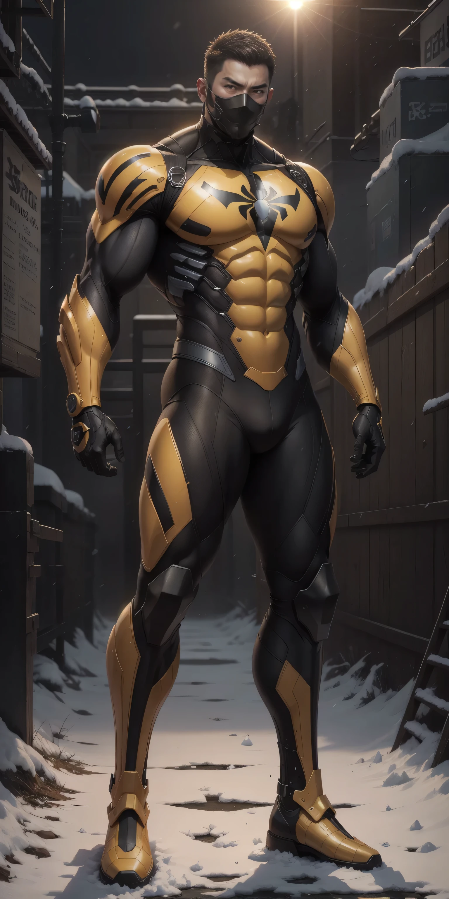Tall giant muscular police officer,Yellow and black honeycomb network pattern nano mecha,honeycomb pattern,Lightweight texture,character concept(Resident Evil - chris redfield,chris redfield)senior police officer,small grid texture,regular symmetrical texture pattern,sad expression,Deep and charming eyes,emerald eyed hero,Valiant male pose,高大burly,muscular!Charming leg muscles,High, burly, Heqiang, Super gain and cool, high resolution committee, Bigfoot yellow and black ultra-thin nano-mechanical boots,Charming strong man,The bright sunshine is shining on you,matte particles,shiny texture