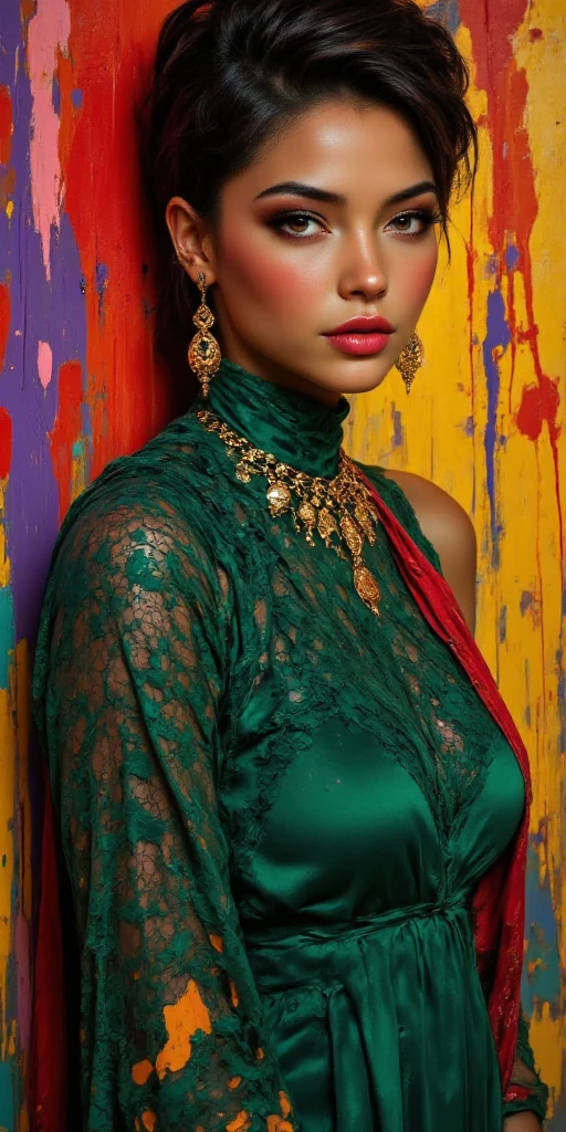 A Fauvism-style oil painting of a deep golden-skinned  American woman with a sleek, shiny fauxhawk hairstyle. She is adorned with bold gold jewelry, including a layered necklace and large statement earrings. She is wearing an emerald green lace turtleneck dress with flowing, dramatic balloon sleeves. The background features Fauvist-inspired vibrant colors and dynamic brushstrokes in reds, purples, yellows, and blues, creating an energetic and artistic atmosphere that enhances the woman's commanding and elegant presence. The painting style emphasizes strong contrasts and vivid expressions.