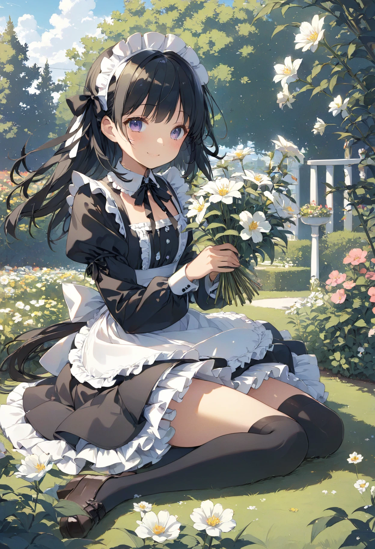 masterpiece, high quality, high resolution, 16k, illustration by Makoto Shinkai, exquisite background, petite girl, black hair, long hair, gothic lolita, maid outfit, fair skin, long eyelashes, beautiful eyes, over-kneehighs, full body, smiling, western garden, tending flowers, hair and skirt in wind fluttering in the wind