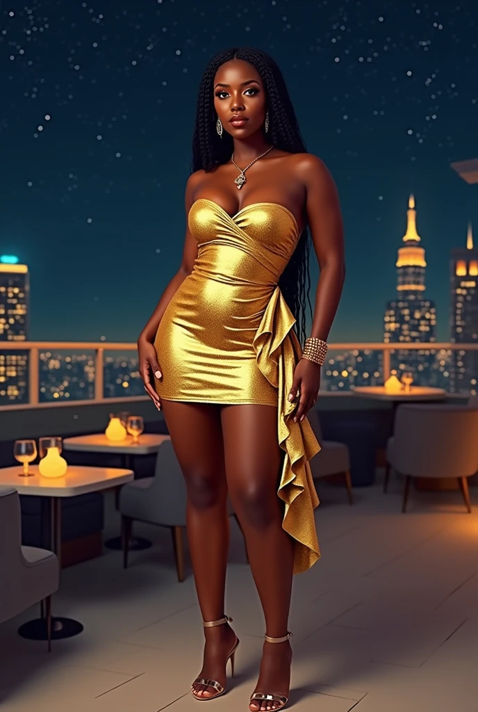 25 year old woman of African descent with large breasts wearing a gold dress with a large neckline and leg opening in the middle of a dance floor in a night club