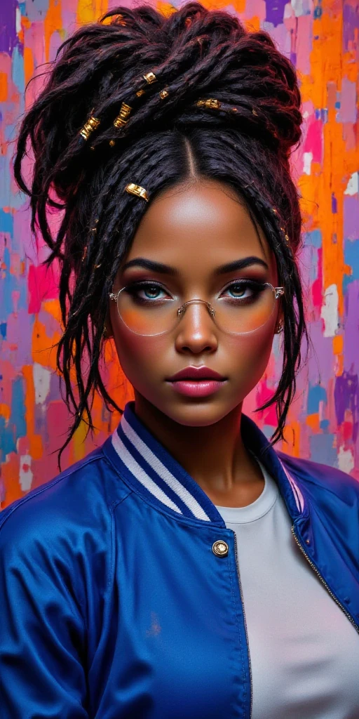 A Fauvism-style oil painting of a stylish and confident African American woman with a warm caramel skin tone. She is dressed in a blue letterman jacket and has thick, intricate locs styled in an edgy and voluminous updo adorned with gold hair cuffs. Her striking grey eyes are framed by long lashes, and her lips are glossed to perfection. She wears oversized clear designer eyeglasses. The background bursts with Fauvist-inspired vibrant colors, featuring bold and dynamic brushstrokes of reds, oranges, purples, and blues, creating an energetic and youthful atmosphere. The composition emphasizes strong contrasts, artistic vibrancy, and a trendy, modern aesthetic.