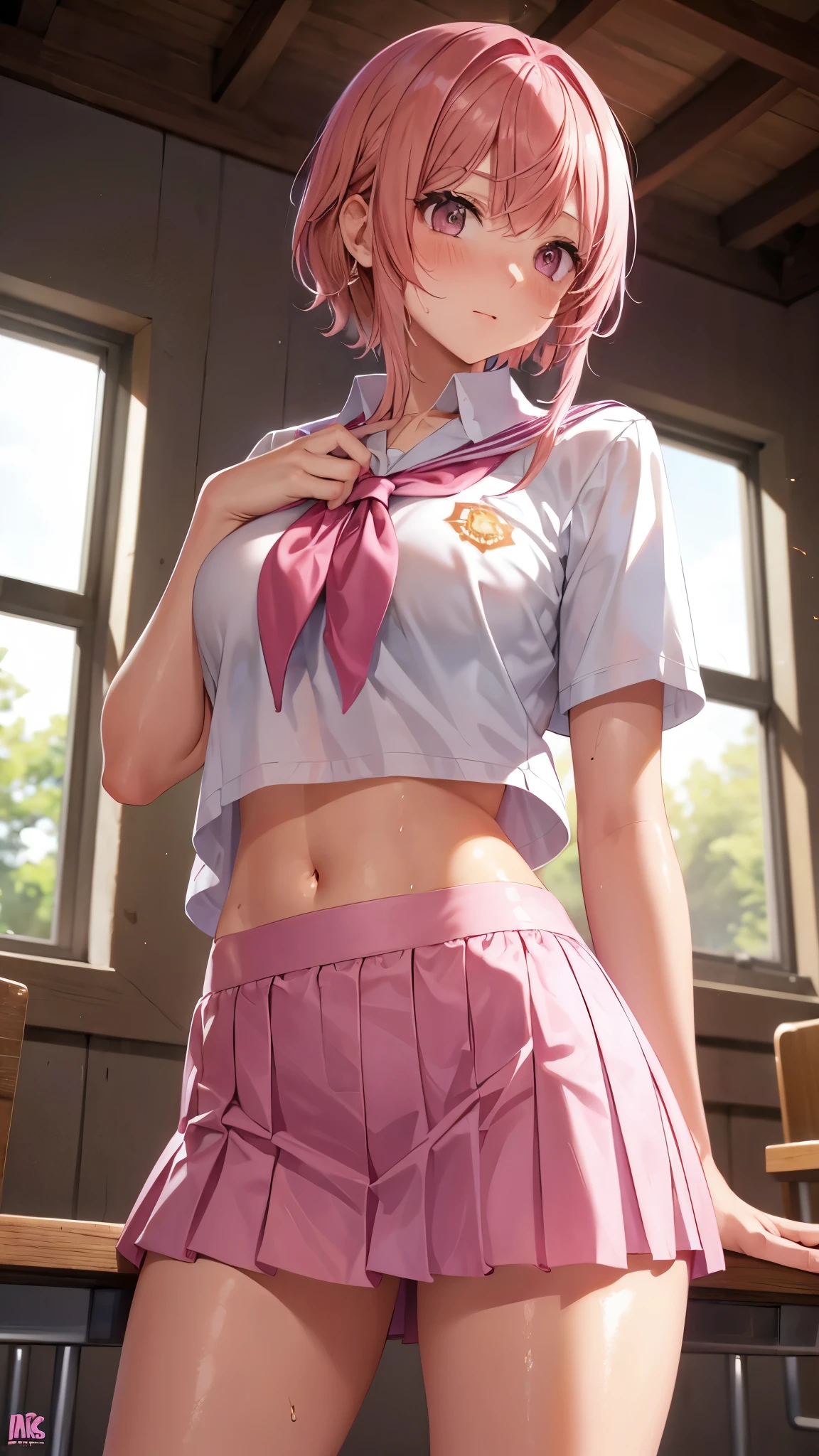 astolfo, Beautiful and slim perfect body, really spiky messy hair, short pink hair ,lock of white hair on left side, happy, smiling, blushing, thick lips, full lips, flat chest, Pectorals, not breasts, very thin body, open button-up shirt, shirt tied pectorals, midriff, choker, tiny micro pleated miniskirt, skirt barely covering panties, small bulge, thigh high stockings, high heeled sandals, perfect anatomy, classroom background, ultra-detailed, 4k, 8k, best quality, masterpiece, model, modeling, posing for camera, detailed background, (lenceria de encaje, translúcido), (medias de encaje), cuerpo completo, centrarse en las piernas, manos perfectas, maquillaje cachondo,