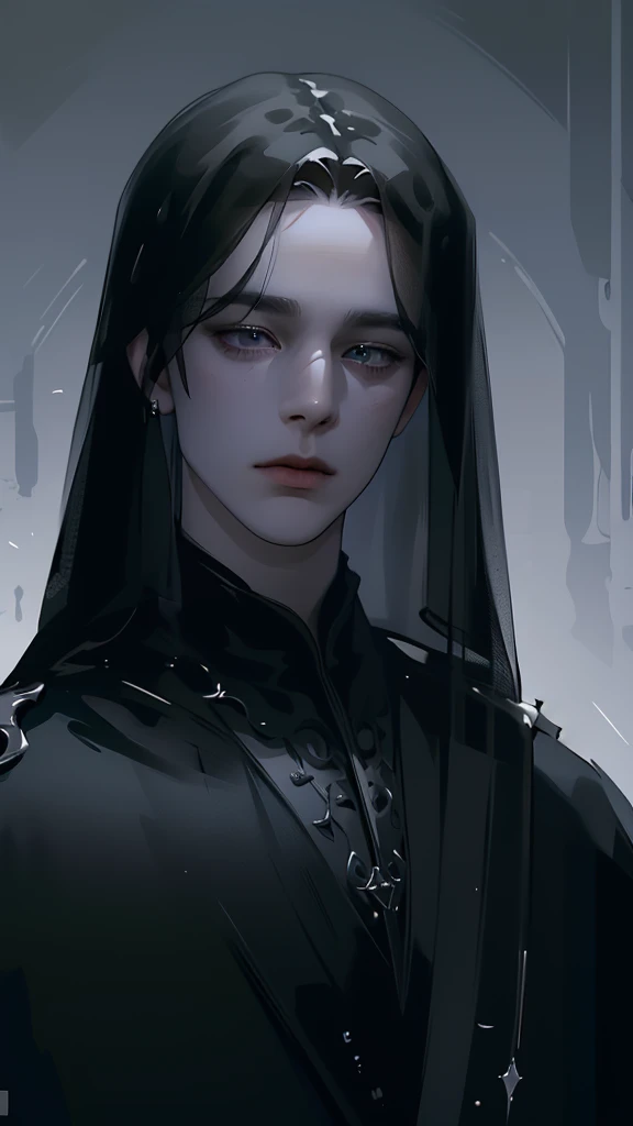 1 mature male, fantasy, wearing an black veil hood, (best quality,4k,8k,highres,masterpiece:1.2),ultra-detailed,(realistic,photorealistic,photo-realistic:1.37), veiled eyes, darkness light, portrait, black, white, creepy