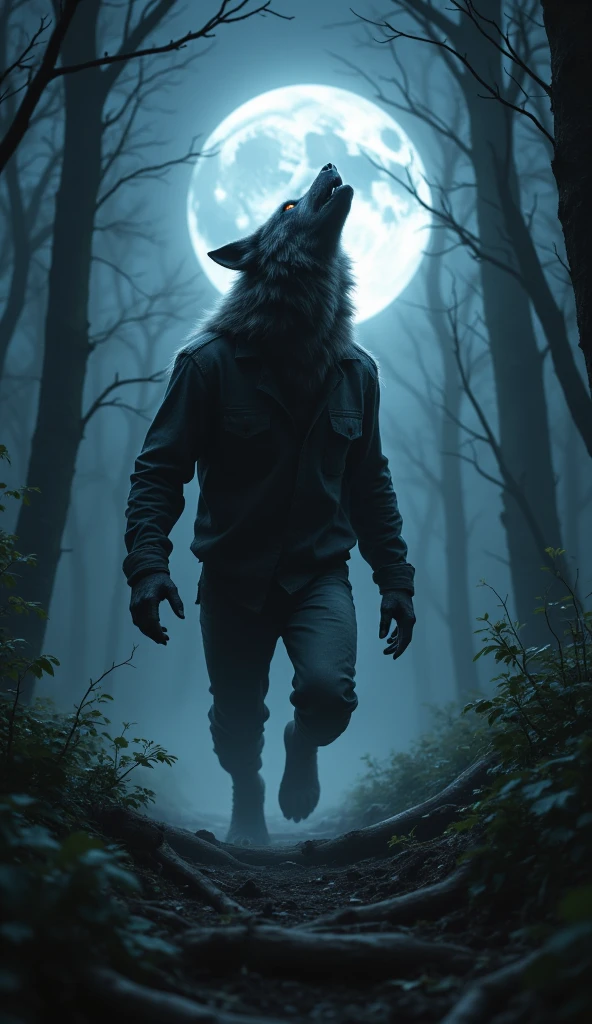 Beneath a full moon glowing ominously in the ink-black sky, the werewolf emerges from the shadows, a haunting figure that straddles the line between beast and man. His sinewy frame ripples with power, fur gleaming under the moonlight like silver threads woven into his dark coat. The eerie stillness of the forest is shattered by the crunch of leaves under his clawed feet and the low, guttural growl that escapes his lips, a warning to any who dare approach.  

His eyes burn with an otherworldly light, glowing amber like embers in a dying fire, scanning the dense woods for prey—or perhaps redemption. The tattered remains of a shirt cling to his broad shoulders, a stark reminder of the man he once was, now consumed by the curse of the wolf.  

The werewolf moves with both ferocity and grace, leaping effortlessly over fallen logs and navigating the twisting roots with a hunter’s precision. As he tilts his head back, releasing a mournful howl that echoes through the night, the forest seems to hold its breath, every creature bowing to the primal energy radiating from him. In this moment, he is both a monster and a marvel, a tragic figure caught in the throes of a transformation as beautiful as it is terrifying.