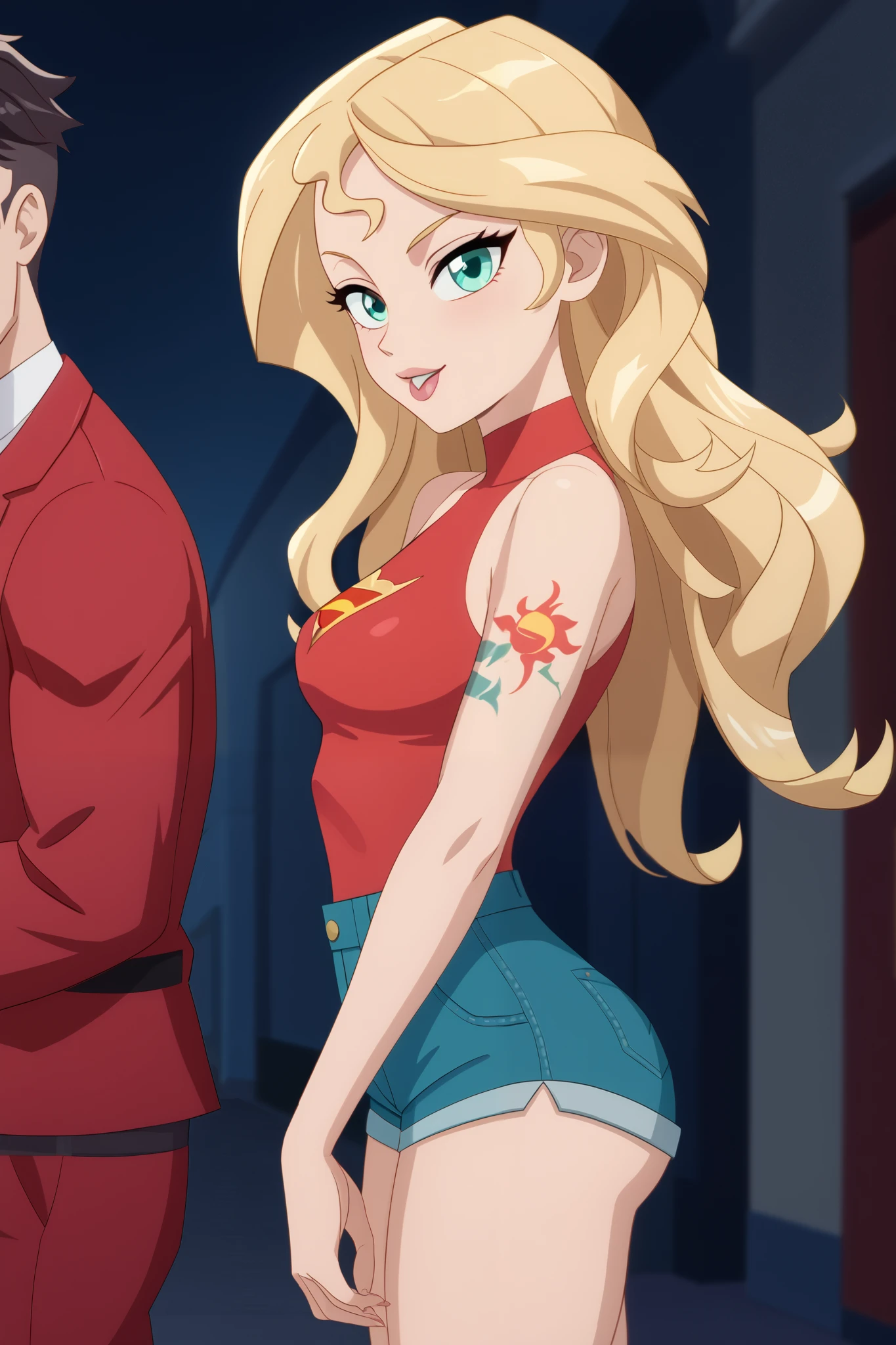 young girl, longue blonde hair, Hairpin with a bundle,  turquoise eyes, Yakuza tattoos, red tight uniform, Sleeveless, Wide neckline on the chest to the abdomen, Gold Elements, Red outfit, Shorts, Masterpiece, hiquality, 4k, HD, Good details, side view, side overview, Long Hair, 