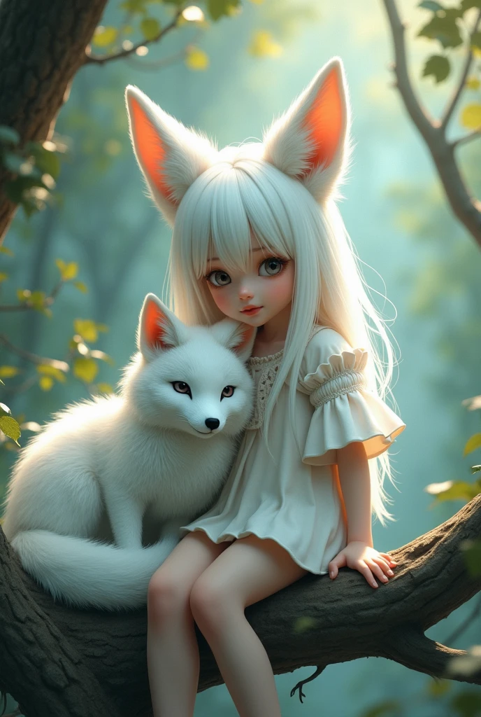 A professional high-quality photo, in 4K resolution, captures in realistic detail a charming girl in a fluffy white pajama with ears and foxtail. She is sitting in the middle of an enchanted forest, where every element is portrayed to perfection. The textures of the pajamas, ears and tail are sharp and palpable. Sunlight falls on the leaves and gently illuminates the girl's face, highlighting each delicate and charming expression --auto --s2