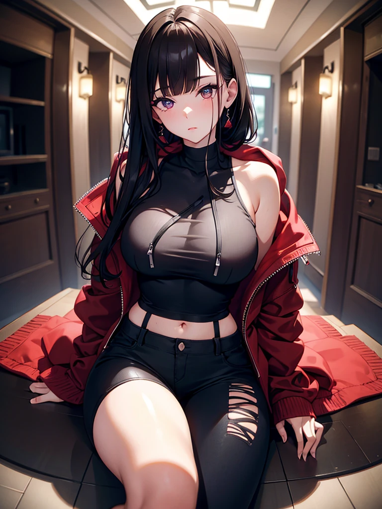 best quality,ultra-detailed,realistic,girl with long black hair,beautiful detailed eyes,sexy lips,off shoulder black jacket,extremely low sweatpants,purple eyes,seductive pose,sitting down,soft lighting,portrait