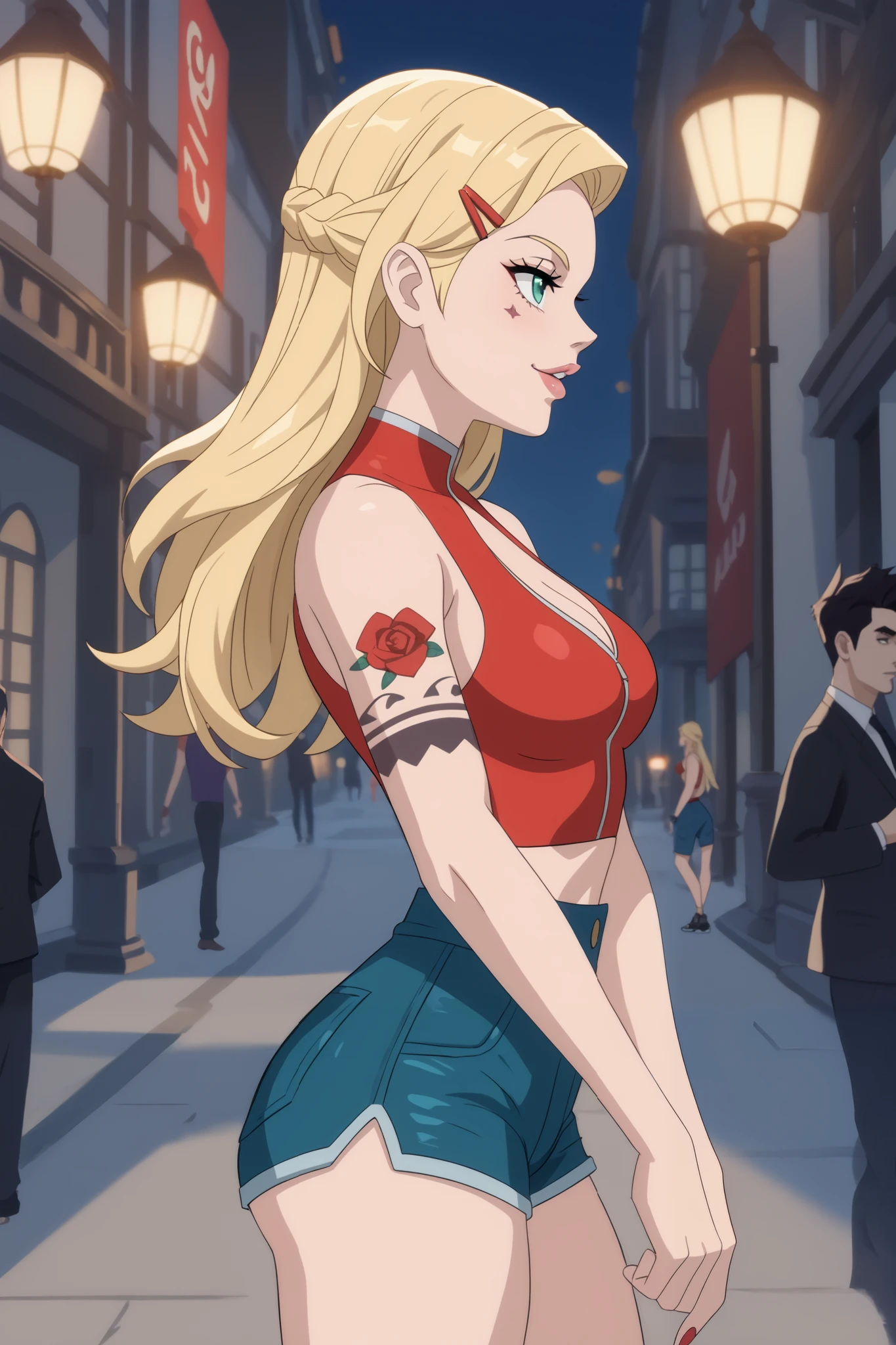 young girl, longue blonde hair, Hairpin with a bundle,  turquoise eyes, Yakuza tattoos, red tight uniform, Sleeveless, Wide neckline on the chest to the abdomen, Gold Elements, Red outfit, Shorts, Masterpiece, hiquality, 4k, HD, Good details, side view, side overview, Long Hair, 