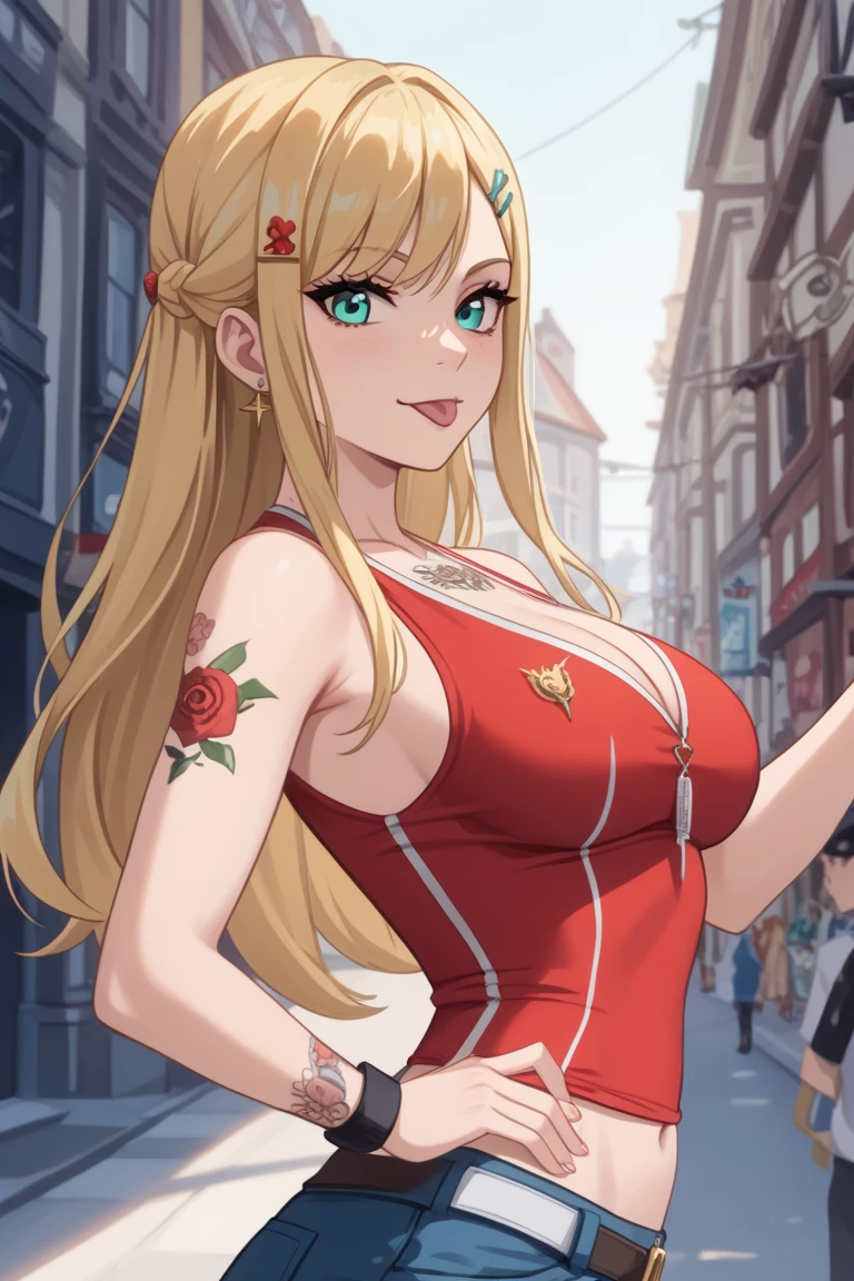 young girl, longue blonde hair, Hairpin with a bundle,  turquoise eyes, Yakuza tattoos, red tight uniform, Sleeveless, Wide neckline on the chest to the abdomen, Gold Elements, Red outfit, Shorts, Masterpiece, hiquality, 4k, HD, Good details, side view, side overview, Long Hair, 